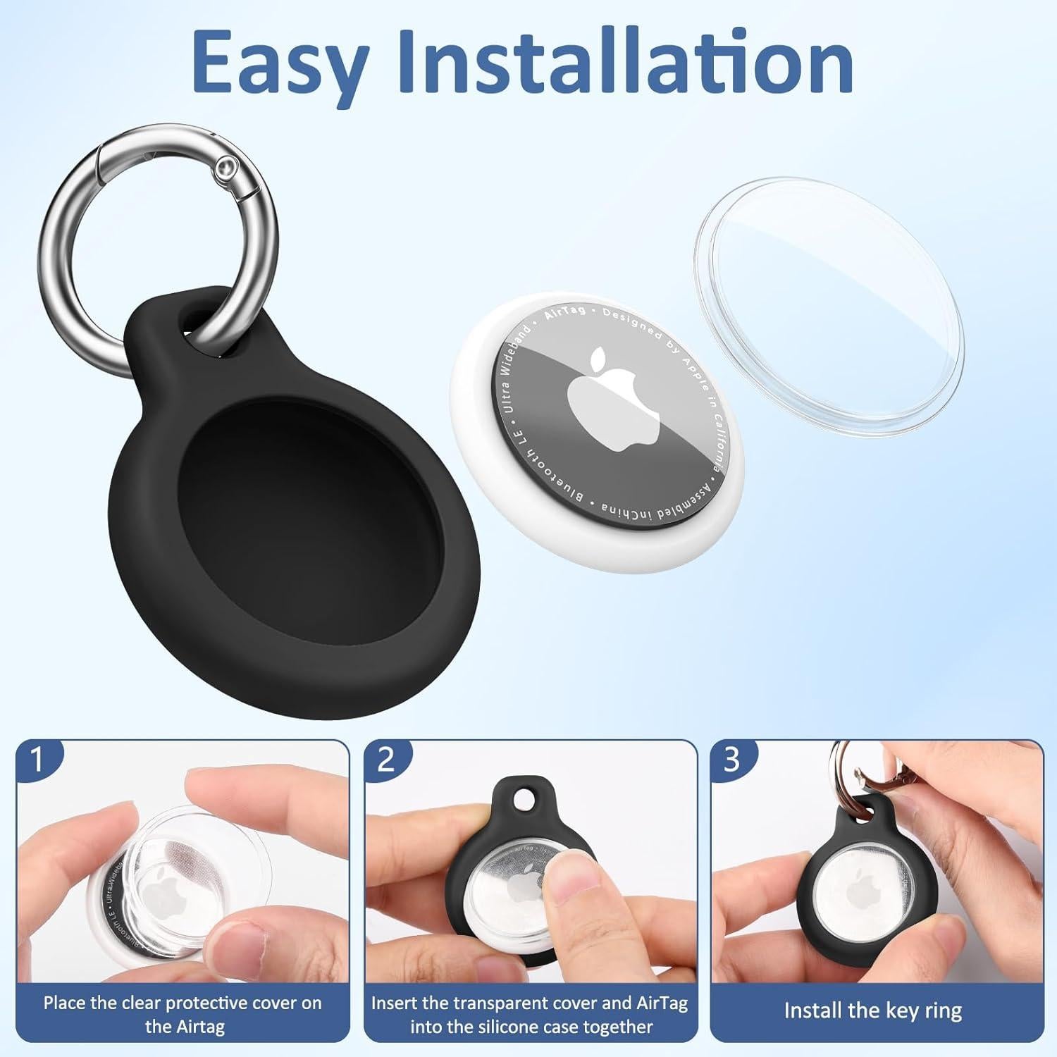 Meliya Waterproof Airtag Holder with Apple Airtag Keychain 4 Pack, Hard PC AirTag Case, Anti-Scratch Airtag Case for GPS Item Finder Tracker,Luggage,Pet Collar,Key Ring