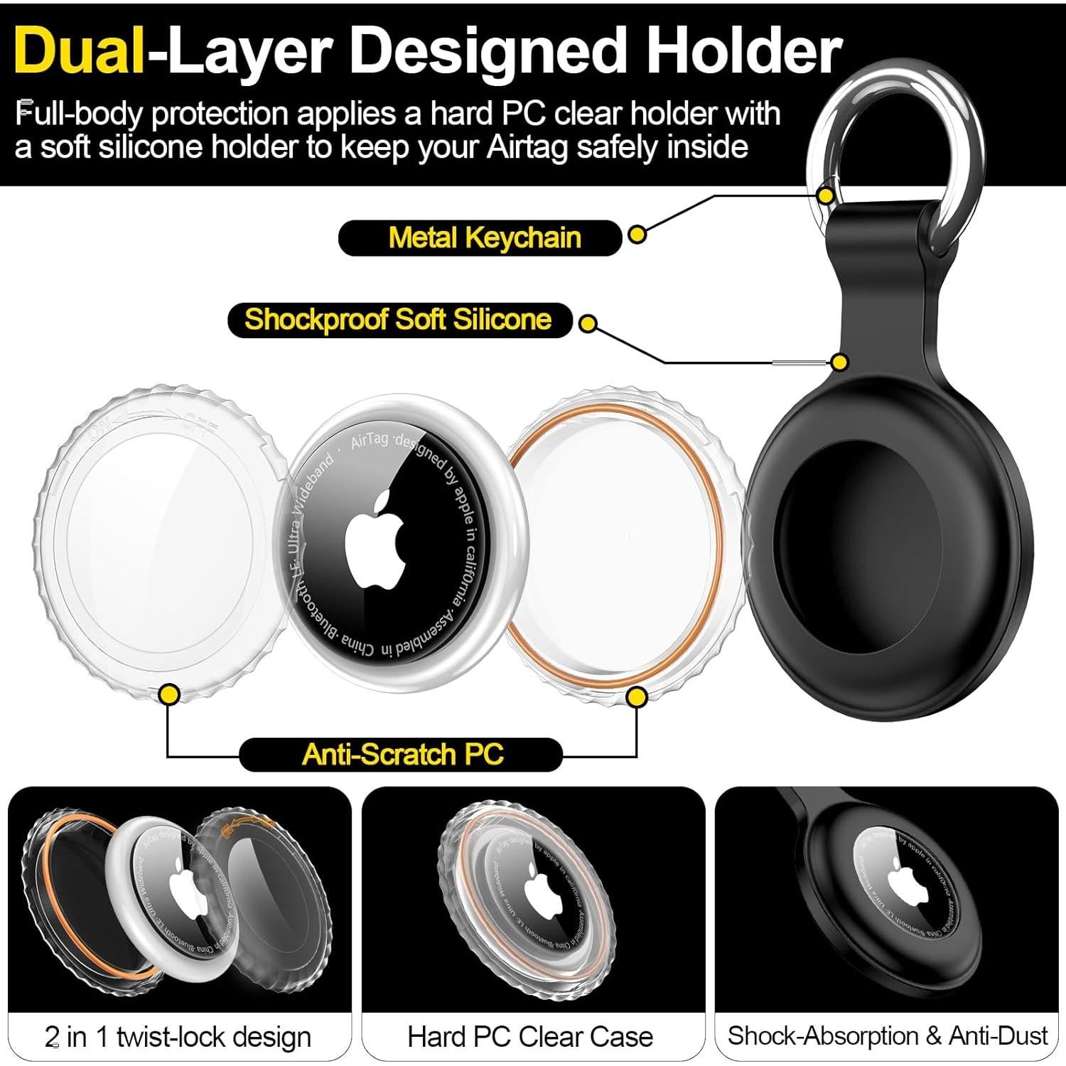 Soporte Airtag Impermeable IPX8 xiwxi con Llavero Negro