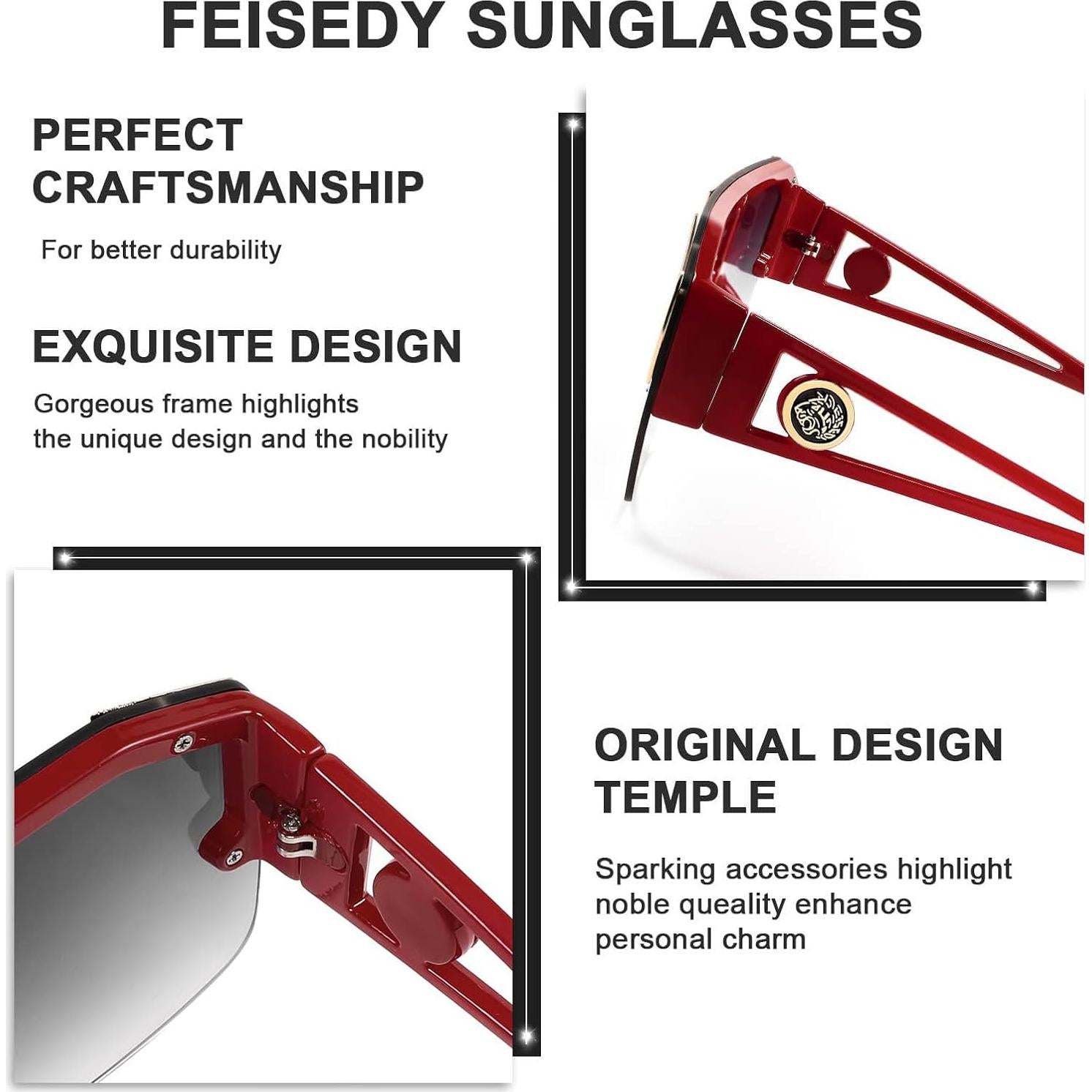 Gafas de Sol FEISEDY Cuadradas UV400 Marco Vino 73mm