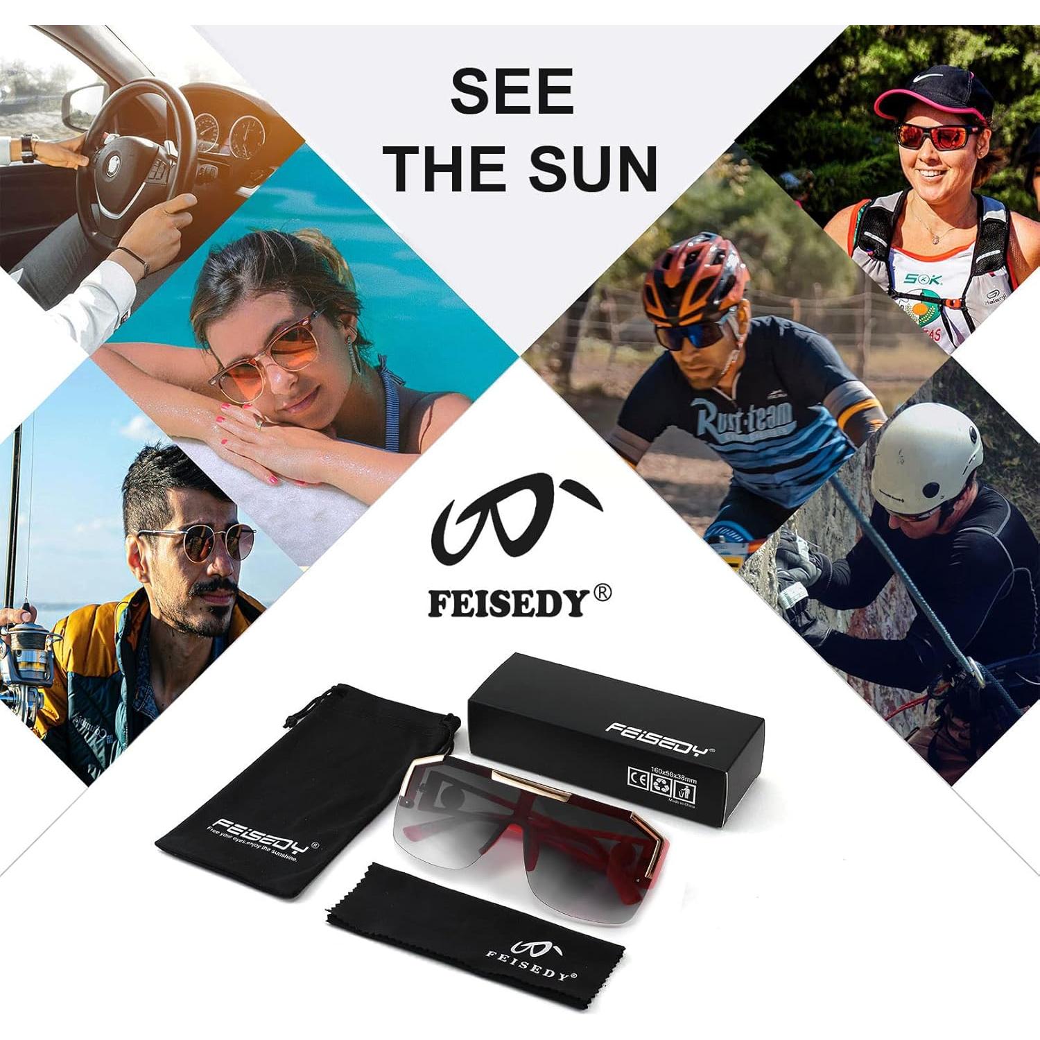 Gafas de Sol FEISEDY Cuadradas UV400 Marco Vino 73mm