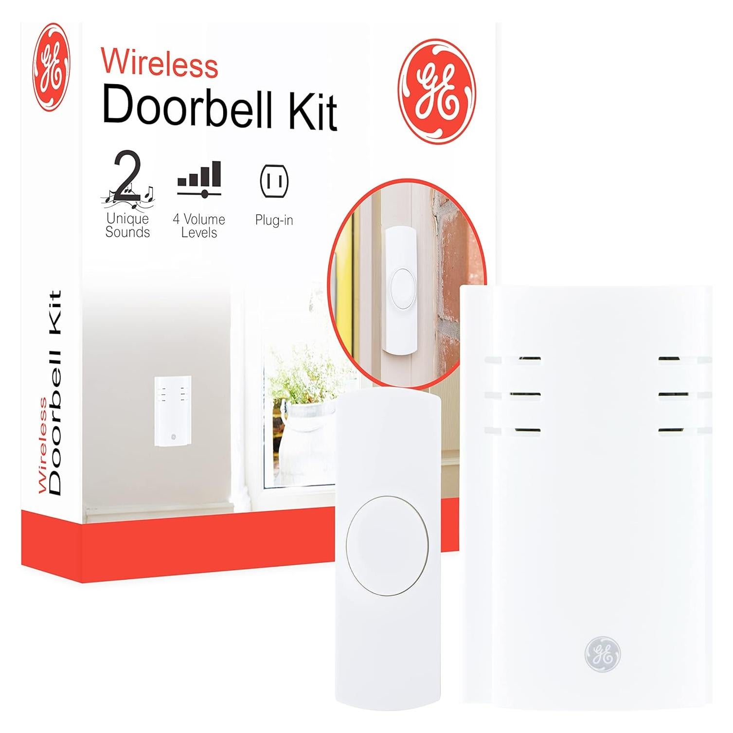 Timbre Inalámbrico GE, 2 Melodías, Rango 45.72 m, Blanco