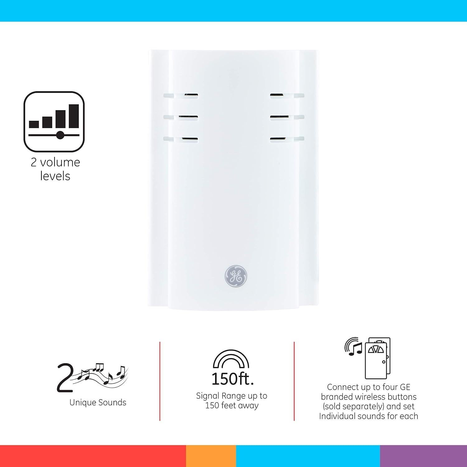 Timbre Inalámbrico GE, 2 Melodías, Rango 45.72 m, Blanco