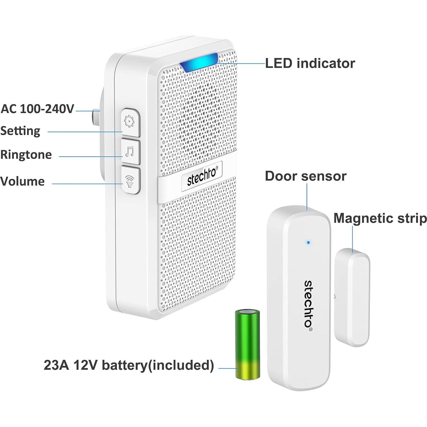 Timbre Inalámbrico STECHRO 600 pies 1 receptor 2 sensores