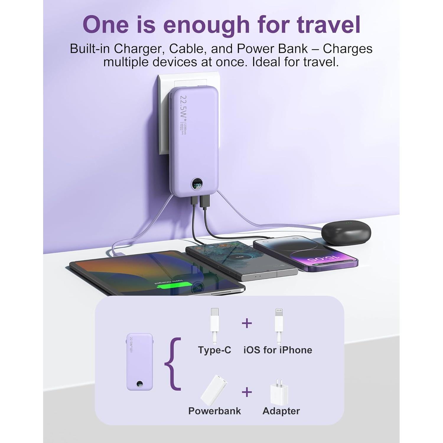 Cargador Portátil 12000mAh USB-C Rápido CITICR Púrpura