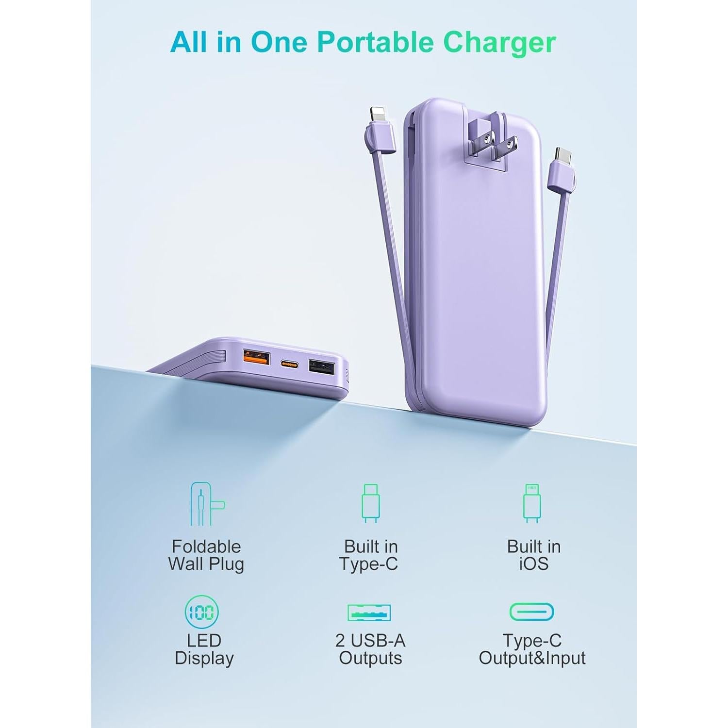 Cargador Portátil 12000mAh USB-C Rápido CITICR Púrpura