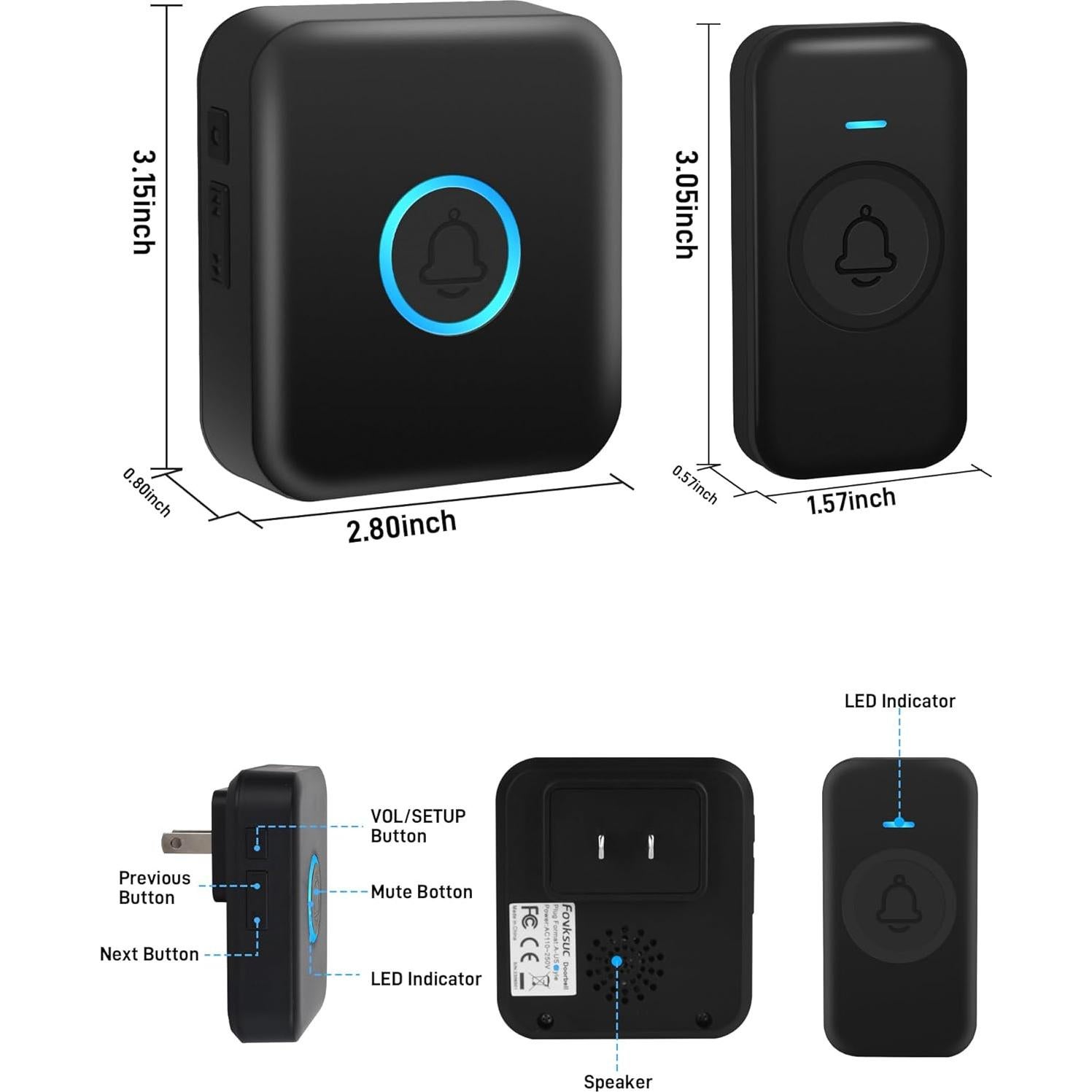 Timbre Inalámbrico FOVKSUC 60 Melodías a Prueba de Agua