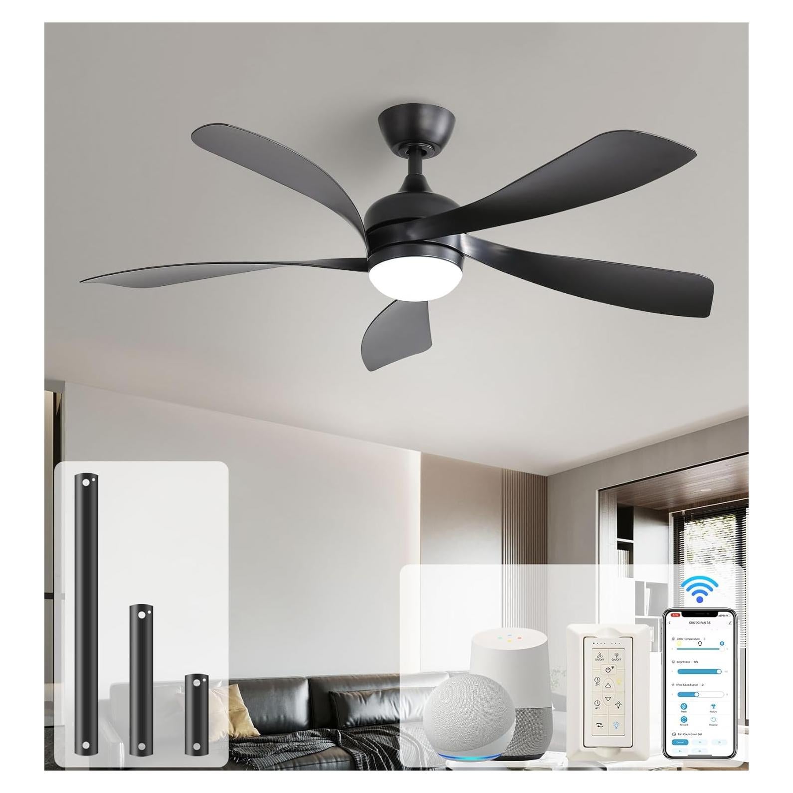 Ventilador de Techo Inteligente Sofucor 52" Negro con Luz LED