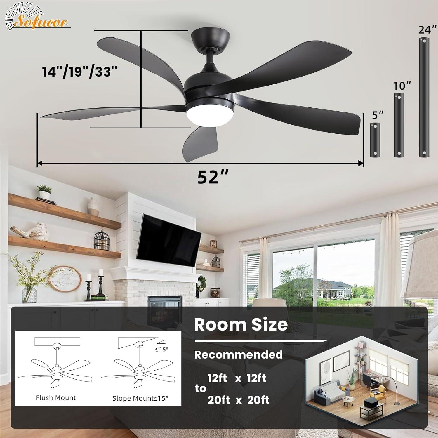 Ventilador de Techo Inteligente Sofucor 52" Negro con Luz LED
