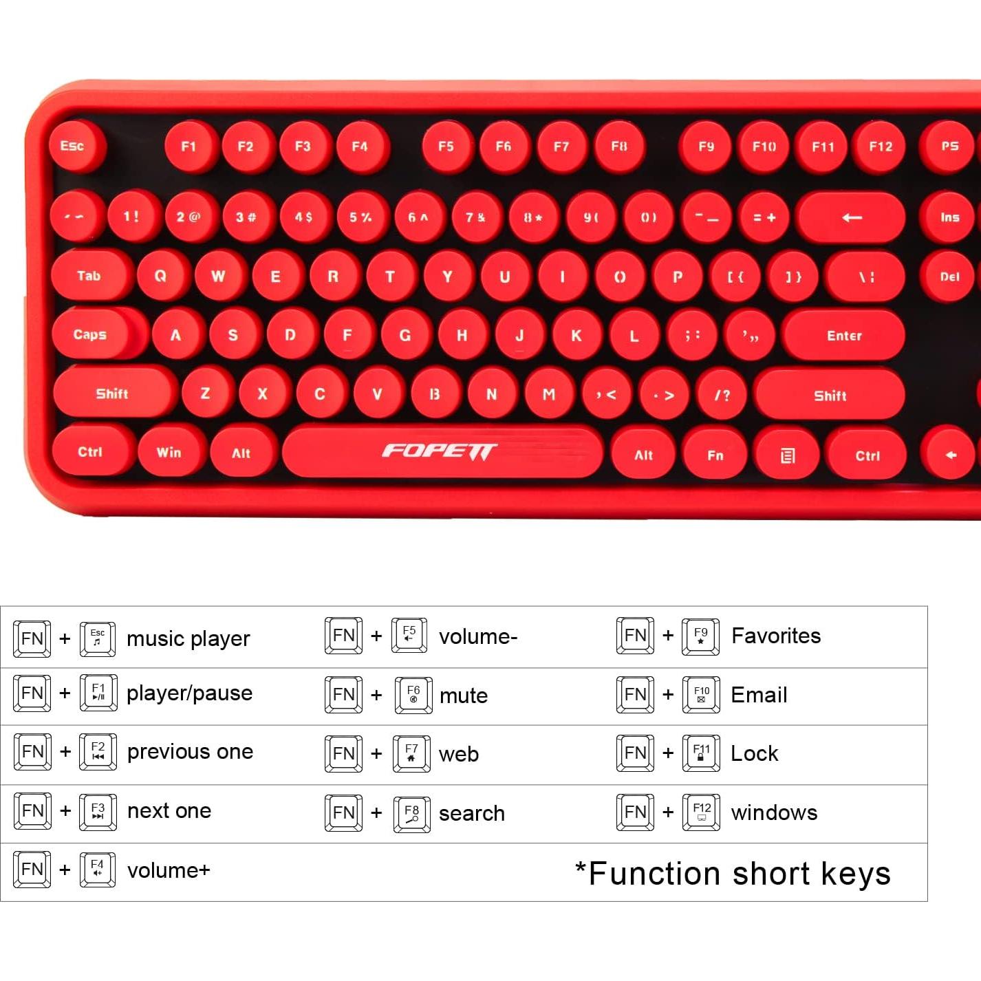 Combo Inalámbrico Teclado y Ratón FOPETT 104 Teclas Retro Negro Rojo