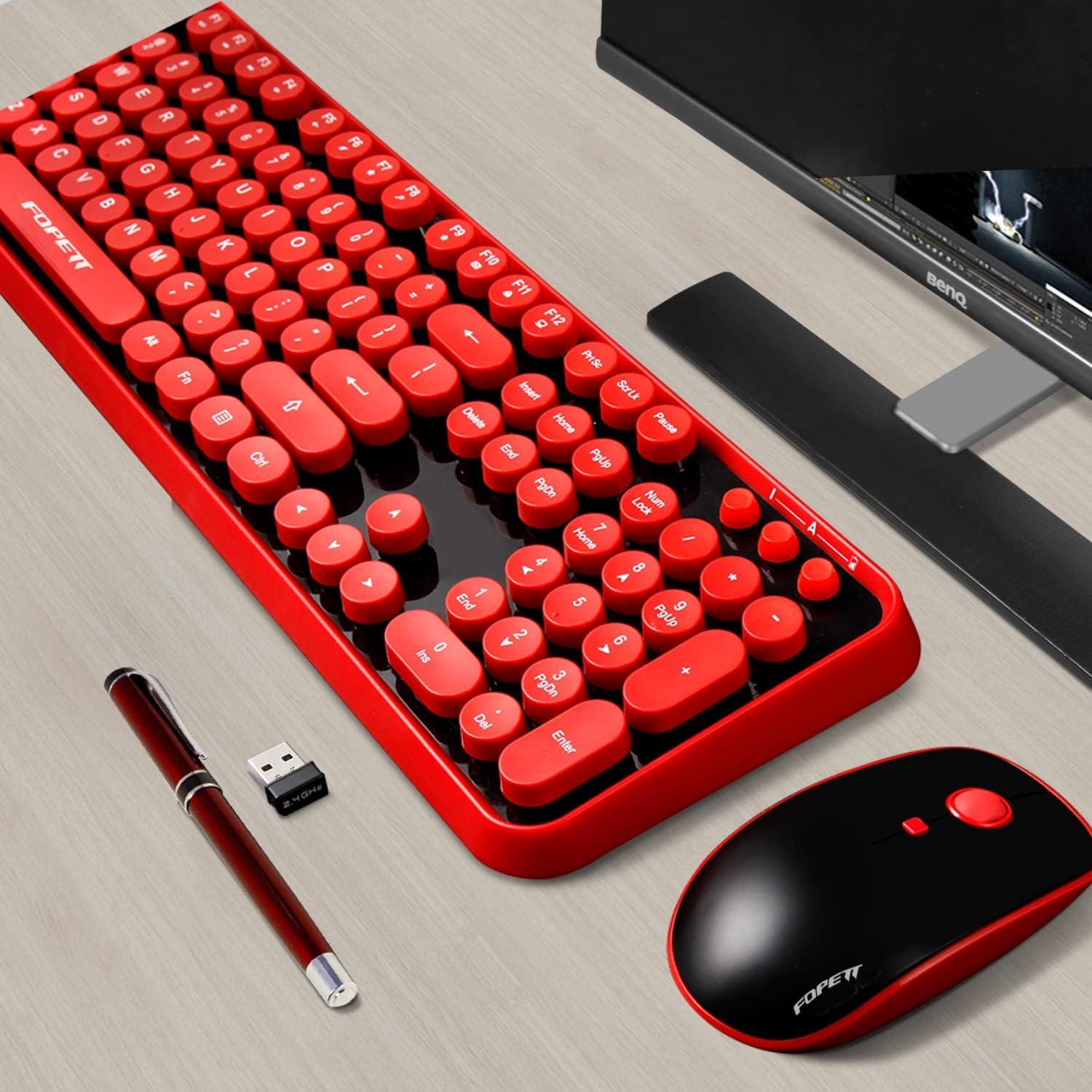 Combo Inalámbrico Teclado y Ratón FOPETT 104 Teclas Retro Negro Rojo