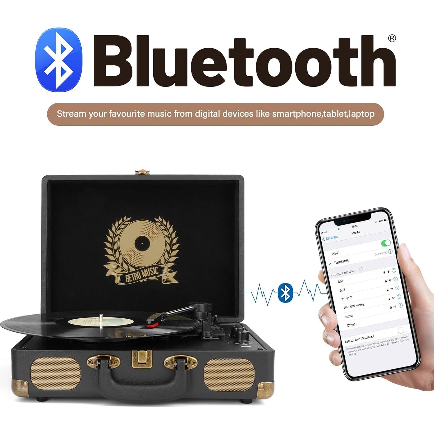 Reproductor de Vinilo Bluetooth Mersoco M415 Negro 3 Velocidades