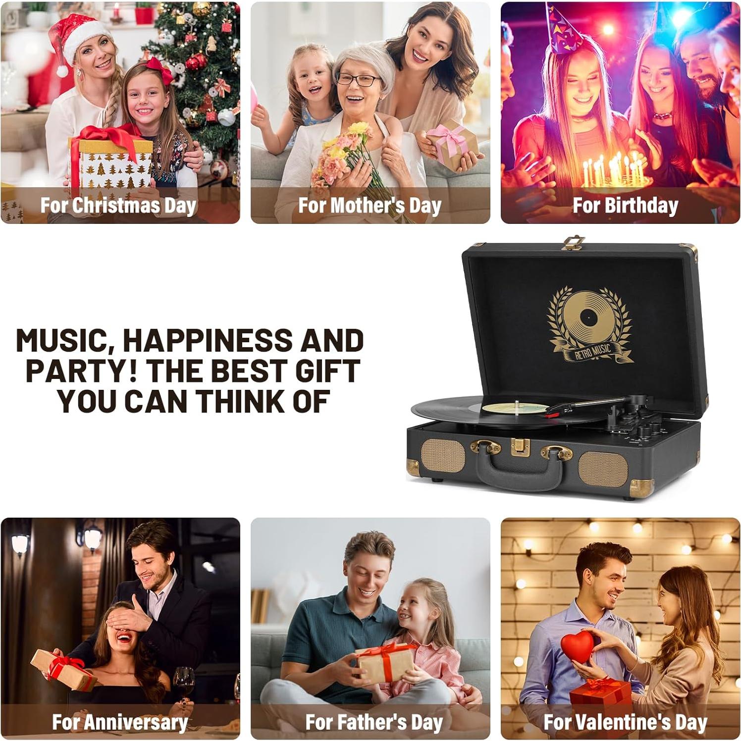 Reproductor de Vinilo Bluetooth Mersoco M415 Negro 3 Velocidades