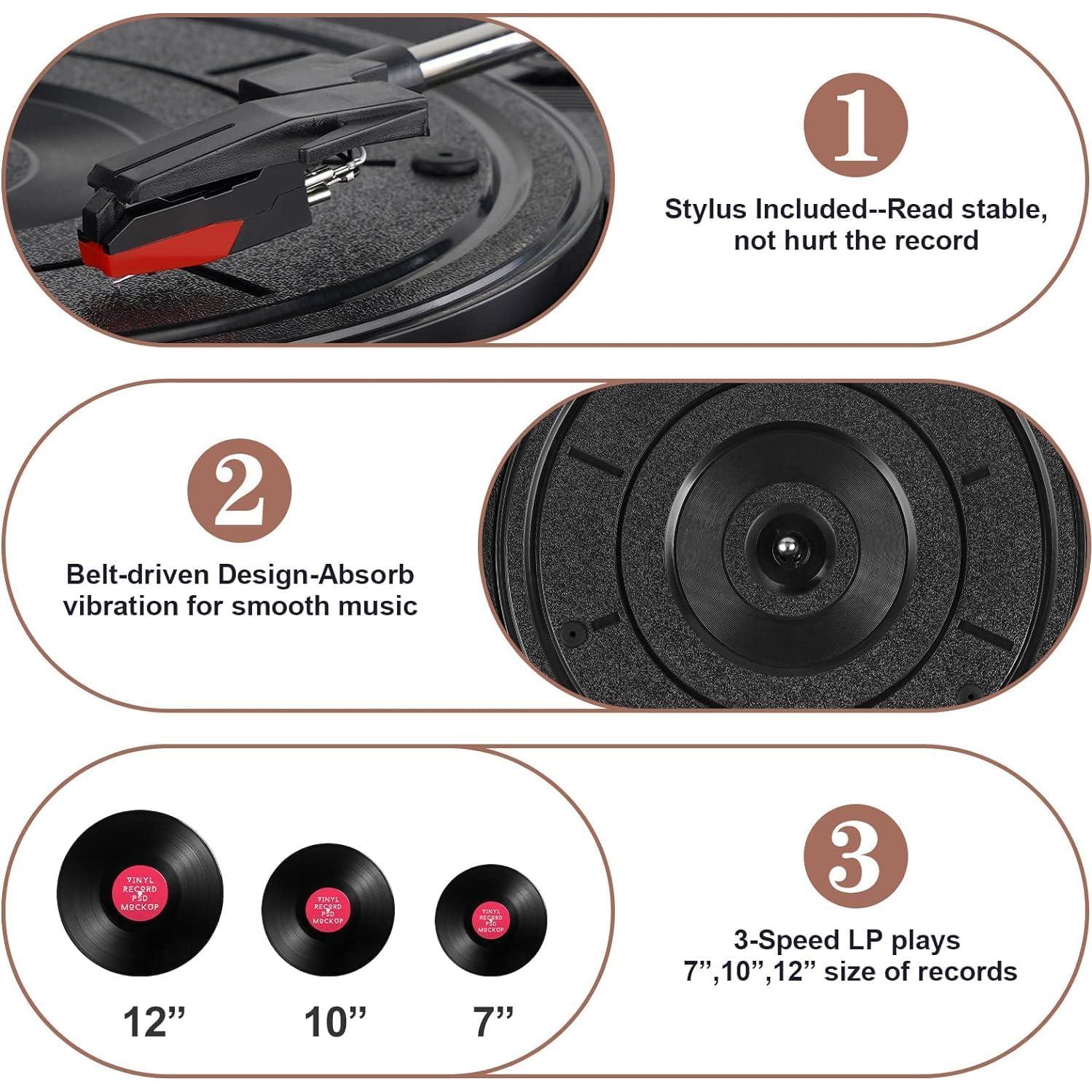 Reproductor de Vinilo Bluetooth Vintage FEKTIK B500S 3 Velocidades