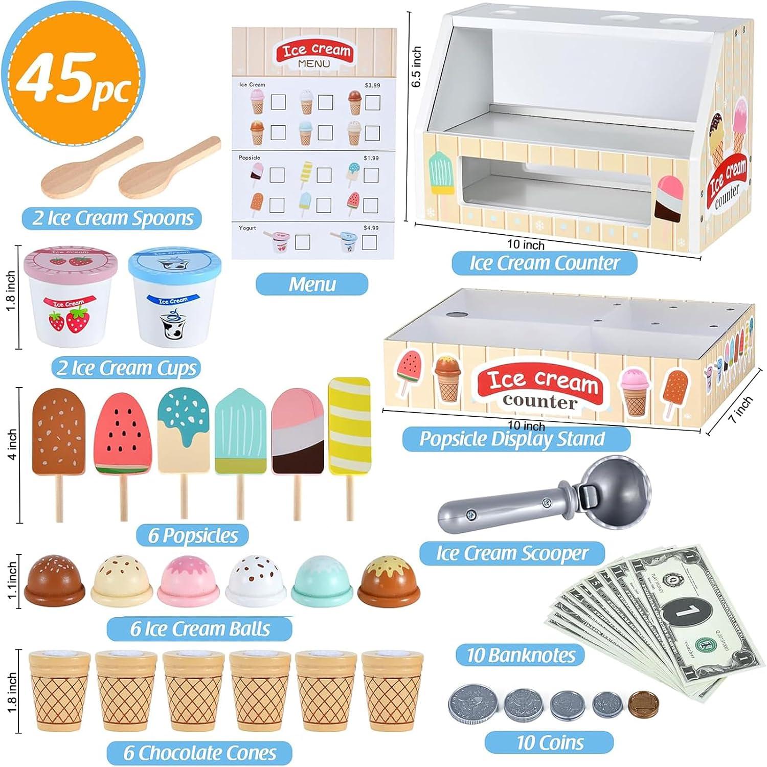 Wooden Ice Cream Toys Kids Play Store Pretend Toy for Toddlers, Play Kitchen Accessories with Scoop & Menu & Fake Money, Ideal Ice Cream Play Set Gifts for 3 4 5 6 7 8 Year Old Girls Boys