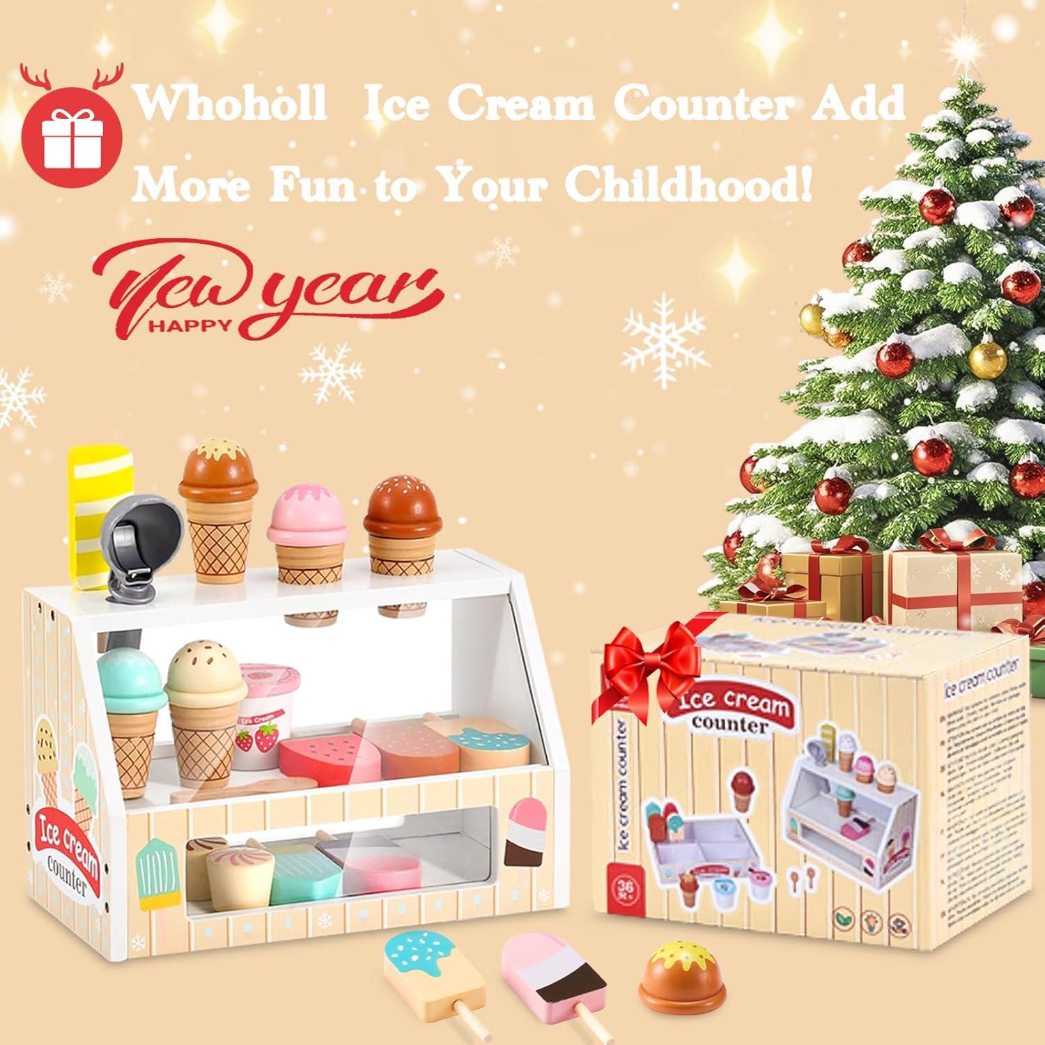 Wooden Ice Cream Toys Kids Play Store Pretend Toy for Toddlers, Play Kitchen Accessories with Scoop & Menu & Fake Money, Ideal Ice Cream Play Set Gifts for 3 4 5 6 7 8 Year Old Girls Boys