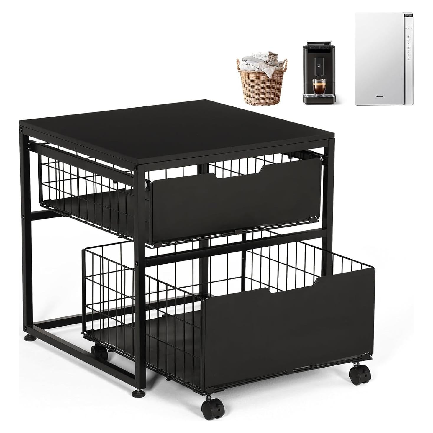 KELIXU Mini Fridge Stand with Storage Drawer, Small Refrigerator Cart with Wheels, Heavy Duty Microwave Stand, 21.7" L x 21.7" W Mini Fridge Cabinet for Dorm, Home, Office, Hold 300 LBS, Black