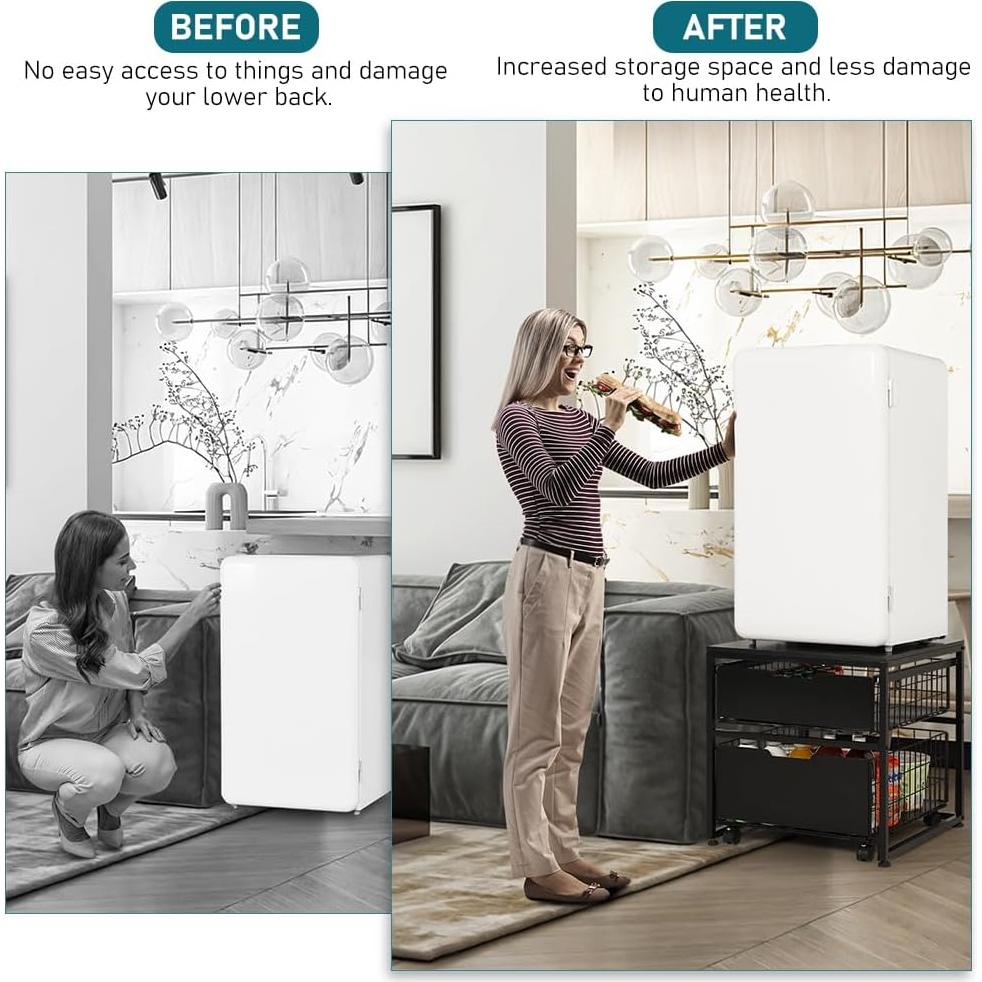 KELIXU Mini Fridge Stand with Storage Drawer, Small Refrigerator Cart with Wheels, Heavy Duty Microwave Stand, 21.7" L x 21.7" W Mini Fridge Cabinet for Dorm, Home, Office, Hold 300 LBS, Black