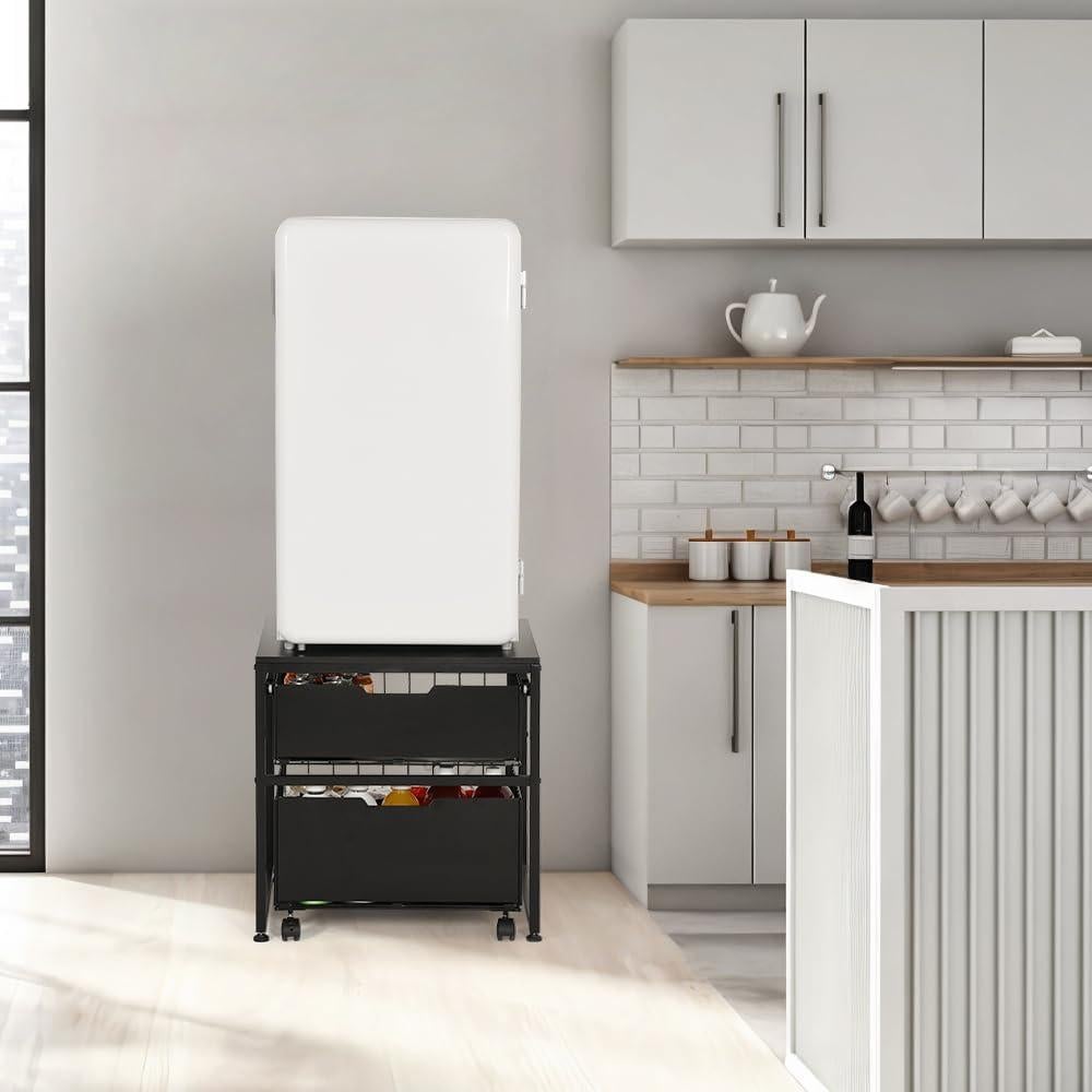 KELIXU Mini Fridge Stand with Storage Drawer, Small Refrigerator Cart with Wheels, Heavy Duty Microwave Stand, 21.7" L x 21.7" W Mini Fridge Cabinet for Dorm, Home, Office, Hold 300 LBS, Black