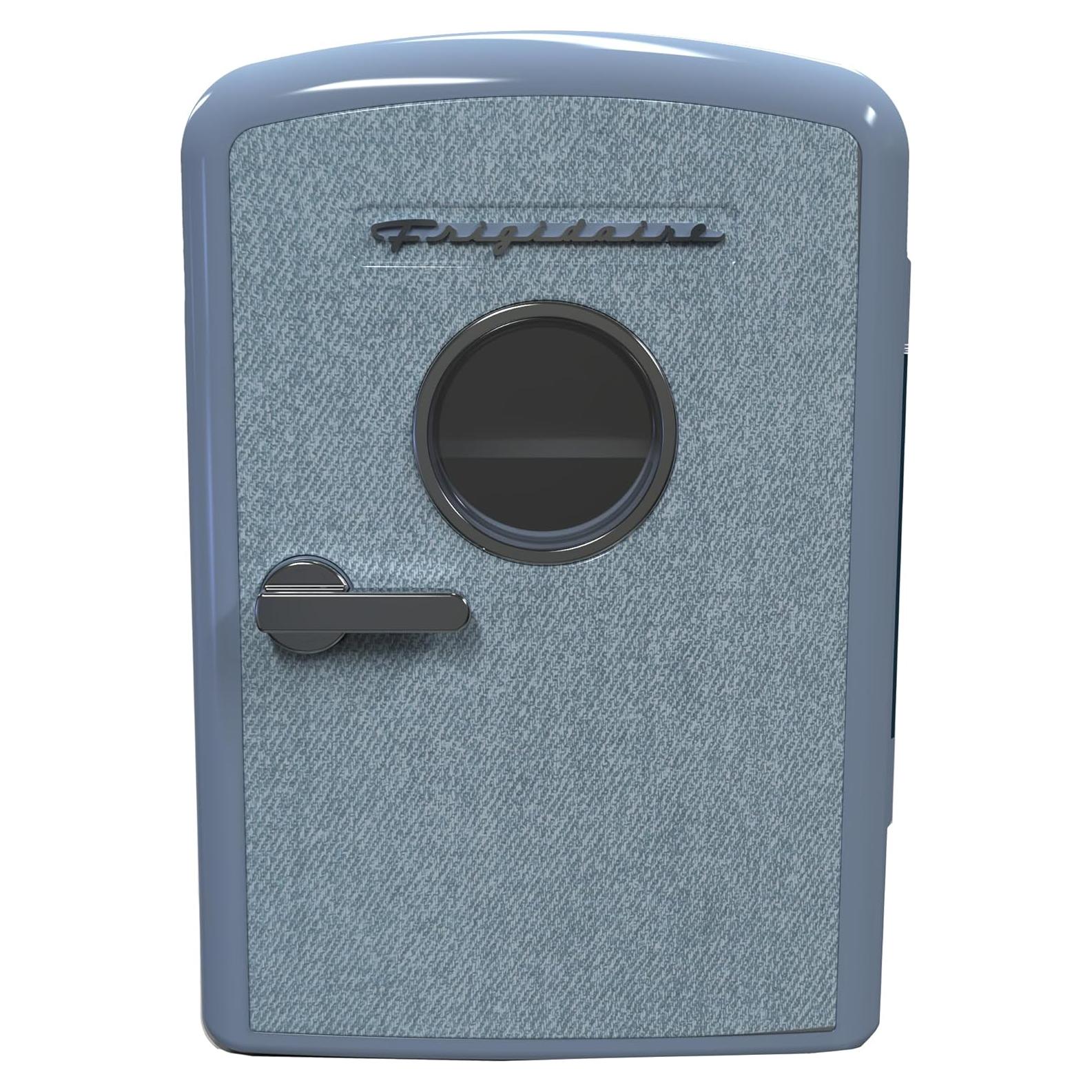 Frigidaire Mini Personal Fridge Cooler, 1 Gal Capacity fits 9 Cans, Includes Plugs for Home Outlet & DC Charger - 9.84" D x 7.09" W x 10.35" H, Light Washed Denim Fabric Door