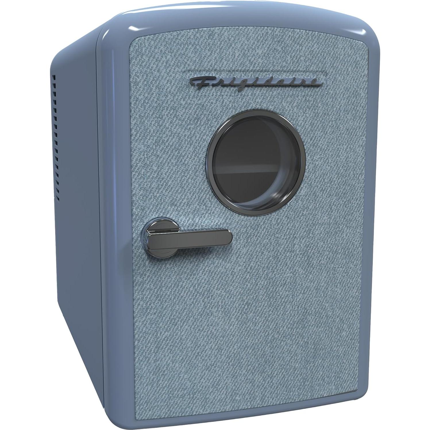 Frigidaire Mini Personal Fridge Cooler, 1 Gal Capacity fits 9 Cans, Includes Plugs for Home Outlet & DC Charger - 9.84" D x 7.09" W x 10.35" H, Light Washed Denim Fabric Door