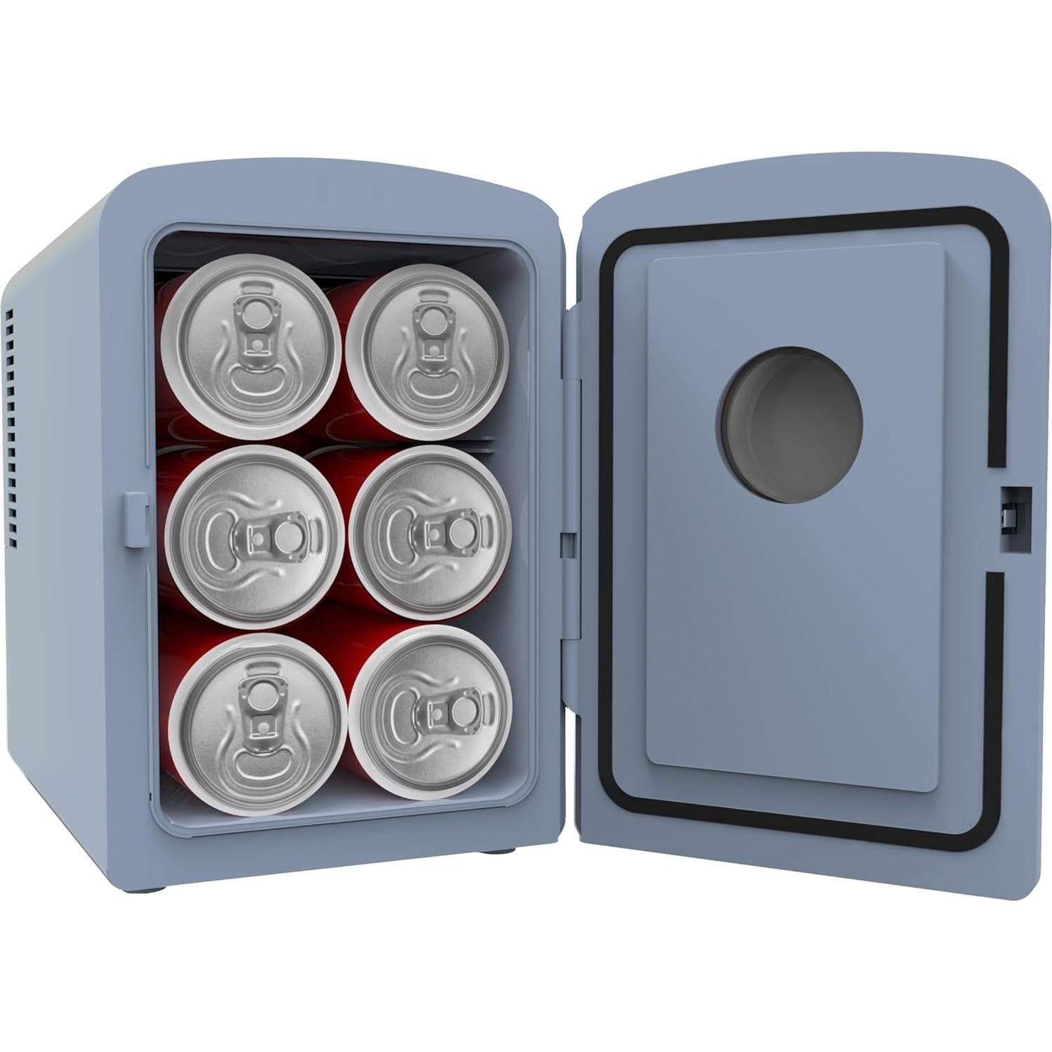 Frigidaire Mini Personal Fridge Cooler, 1 Gal Capacity fits 9 Cans, Includes Plugs for Home Outlet & DC Charger - 9.84" D x 7.09" W x 10.35" H, Light Washed Denim Fabric Door