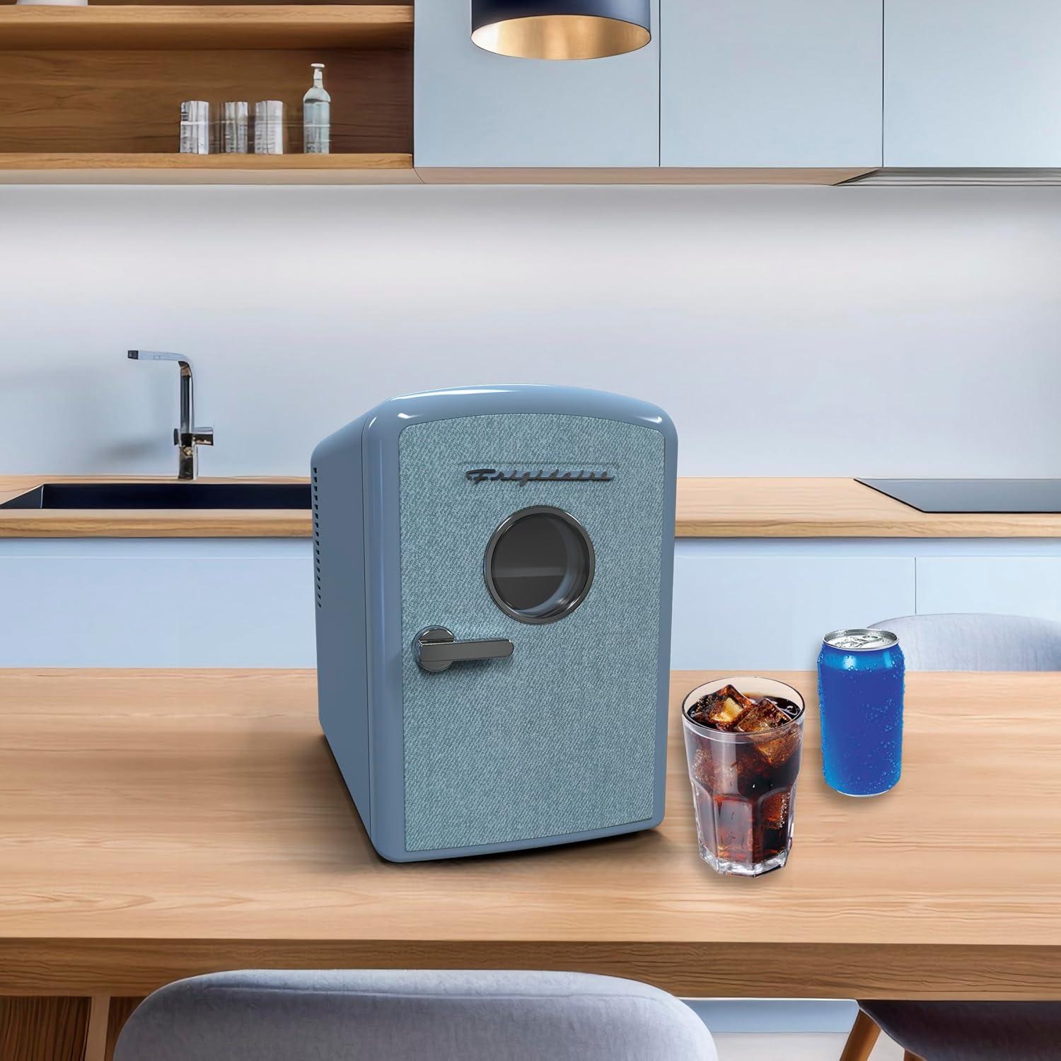 Frigidaire Mini Personal Fridge Cooler, 1 Gal Capacity fits 9 Cans, Includes Plugs for Home Outlet & DC Charger - 9.84" D x 7.09" W x 10.35" H, Light Washed Denim Fabric Door