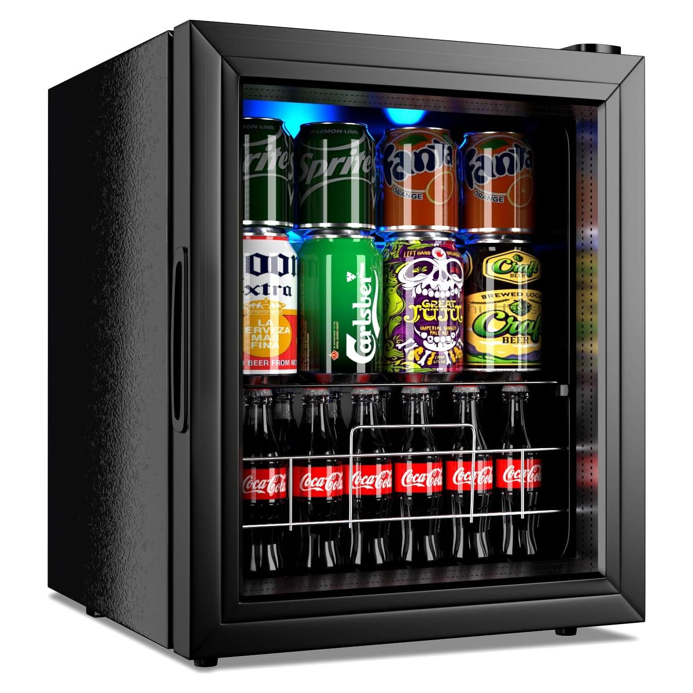 FLB-45 75 Can, Refrigerator Small Mini Fridge Freestanding Beverage Cooler with Adjustable Shelving Glass Door for Beer Soda or Wine Perfect Office Home or Bar Black