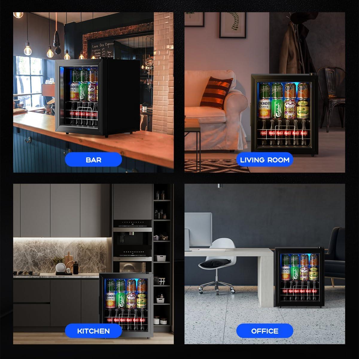 FLB-45 75 Can, Refrigerator Small Mini Fridge Freestanding Beverage Cooler with Adjustable Shelving Glass Door for Beer Soda or Wine Perfect Office Home or Bar Black