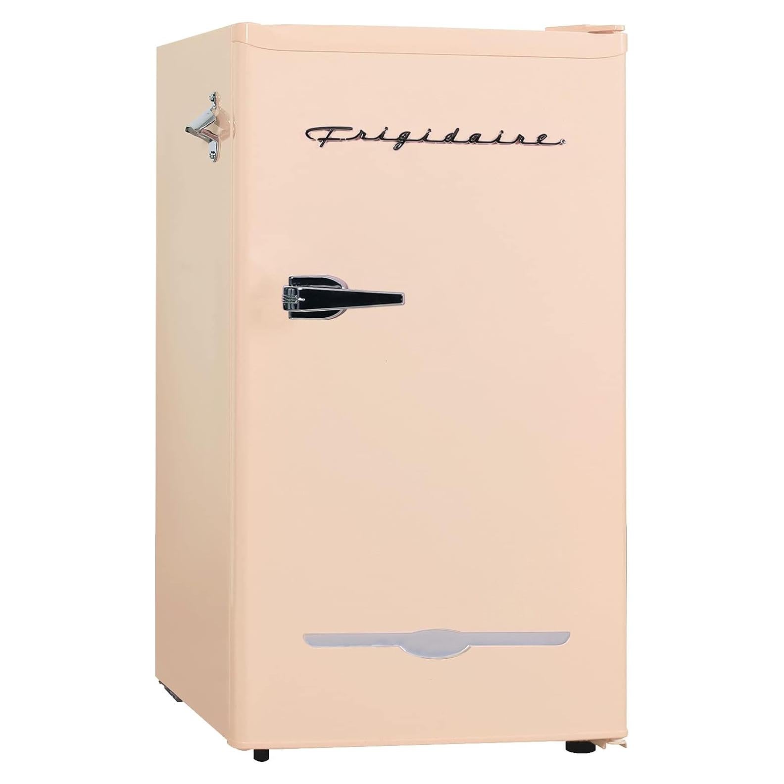 Frigidaire Retro Compact Fridge with Chiller, 3.2 cu ft Countertop Fridge with Built-In Bottle Opener, Compact Refrigerator for Office, Bedroom, Dorm Room or Cabin - 16.5" D x 19" W x 31" H (Coral)