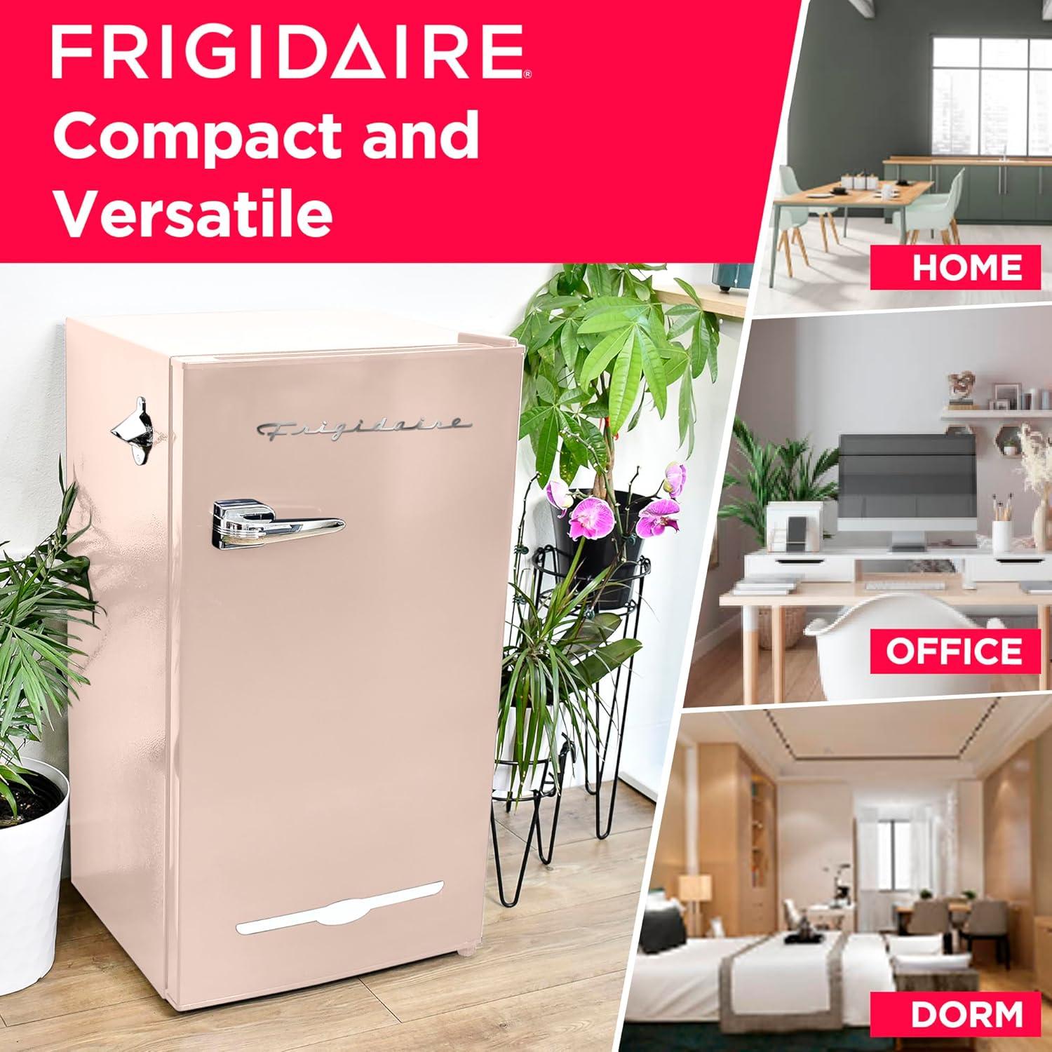 Frigidaire Retro Compact Fridge with Chiller, 3.2 cu ft Countertop Fridge with Built-In Bottle Opener, Compact Refrigerator for Office, Bedroom, Dorm Room or Cabin - 16.5" D x 19" W x 31" H (Coral)