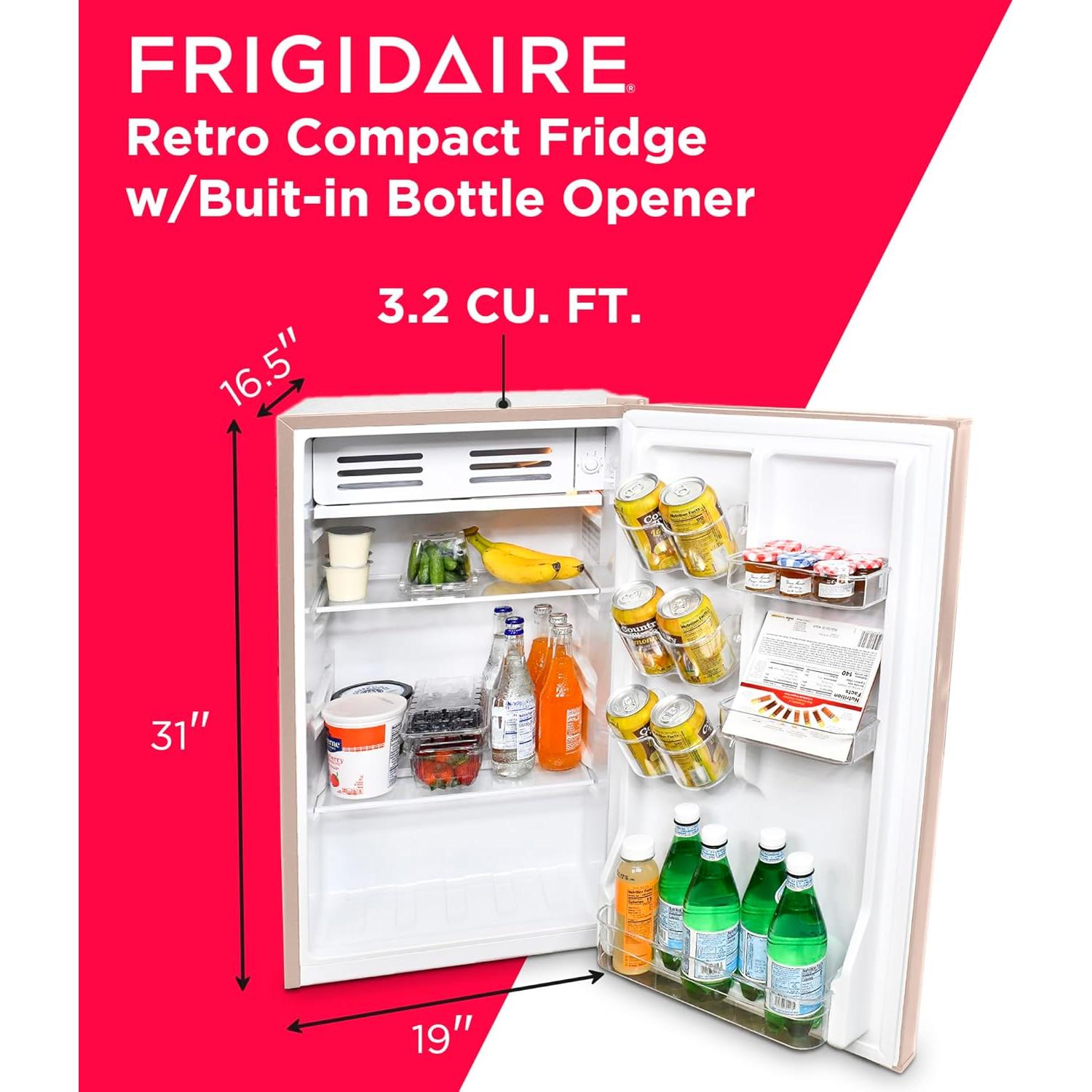 Frigidaire Retro Compact Fridge with Chiller, 3.2 cu ft Countertop Fridge with Built-In Bottle Opener, Compact Refrigerator for Office, Bedroom, Dorm Room or Cabin - 16.5" D x 19" W x 31" H (Coral)