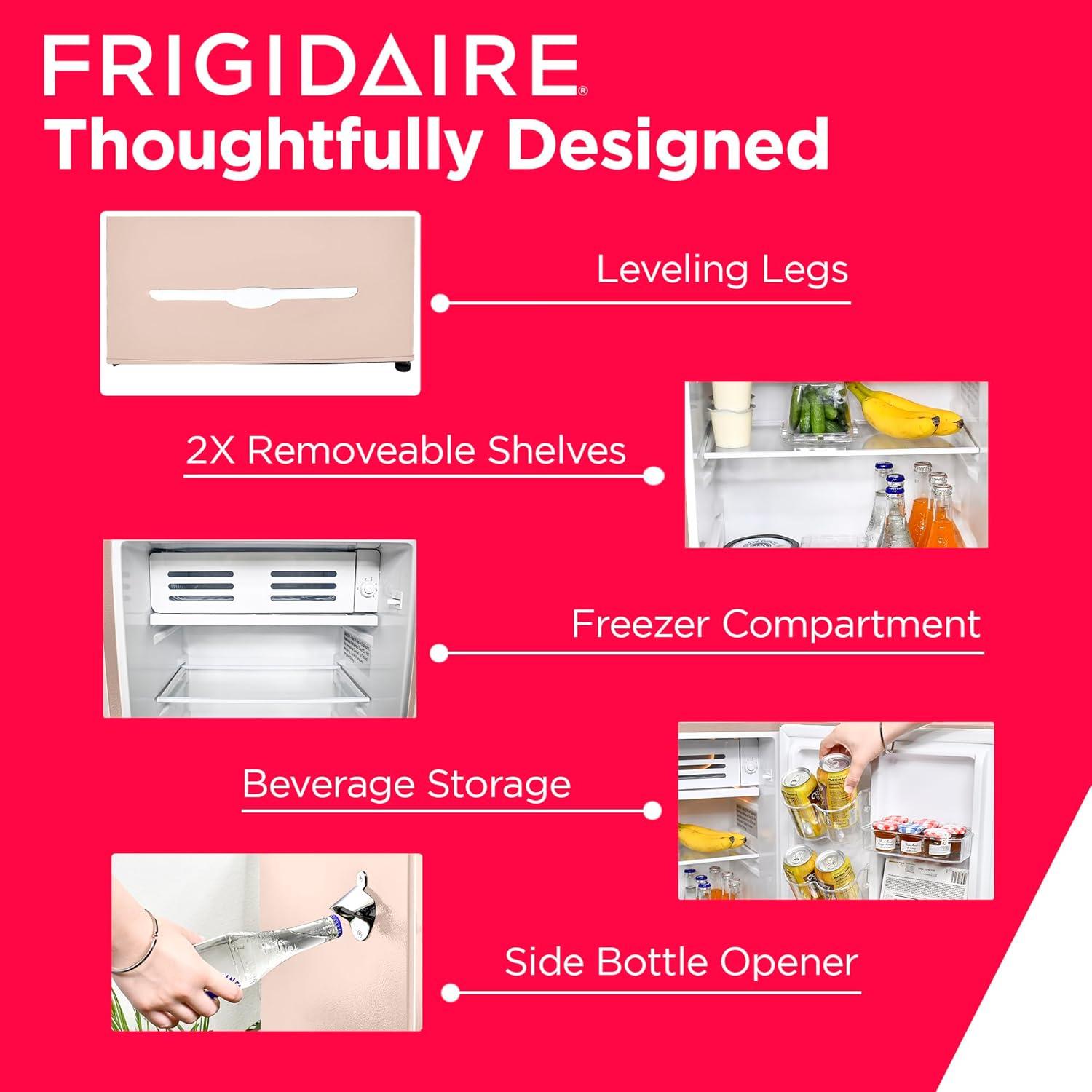 Frigidaire Retro Compact Fridge with Chiller, 3.2 cu ft Countertop Fridge with Built-In Bottle Opener, Compact Refrigerator for Office, Bedroom, Dorm Room or Cabin - 16.5" D x 19" W x 31" H (Coral)