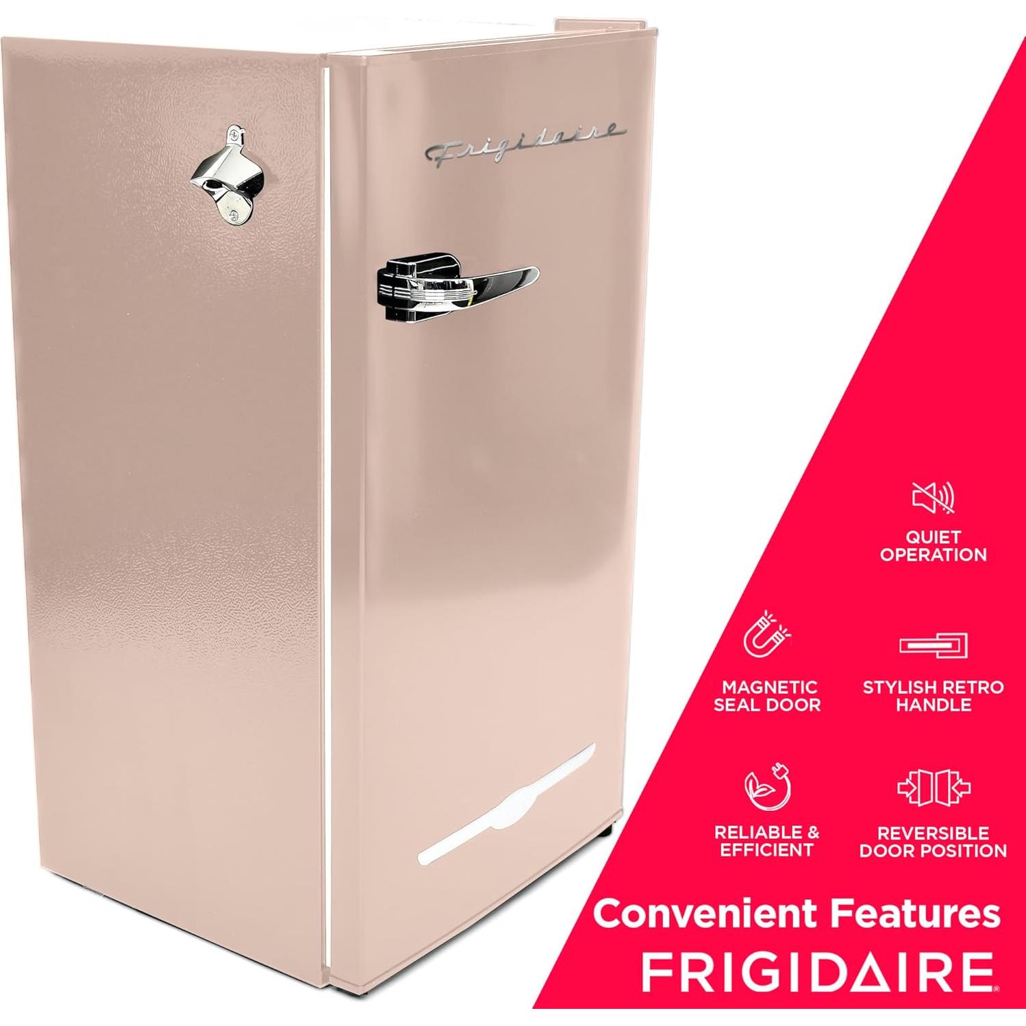 Frigidaire Retro Compact Fridge with Chiller, 3.2 cu ft Countertop Fridge with Built-In Bottle Opener, Compact Refrigerator for Office, Bedroom, Dorm Room or Cabin - 16.5" D x 19" W x 31" H (Coral)