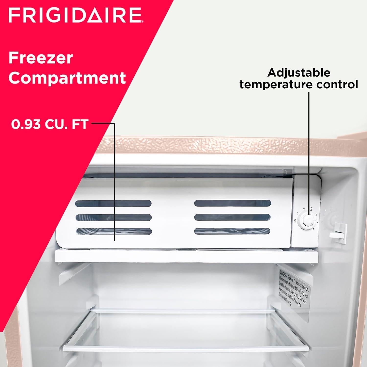 Frigidaire Retro Compact Fridge with Chiller, 3.2 cu ft Countertop Fridge with Built-In Bottle Opener, Compact Refrigerator for Office, Bedroom, Dorm Room or Cabin - 16.5" D x 19" W x 31" H (Coral)