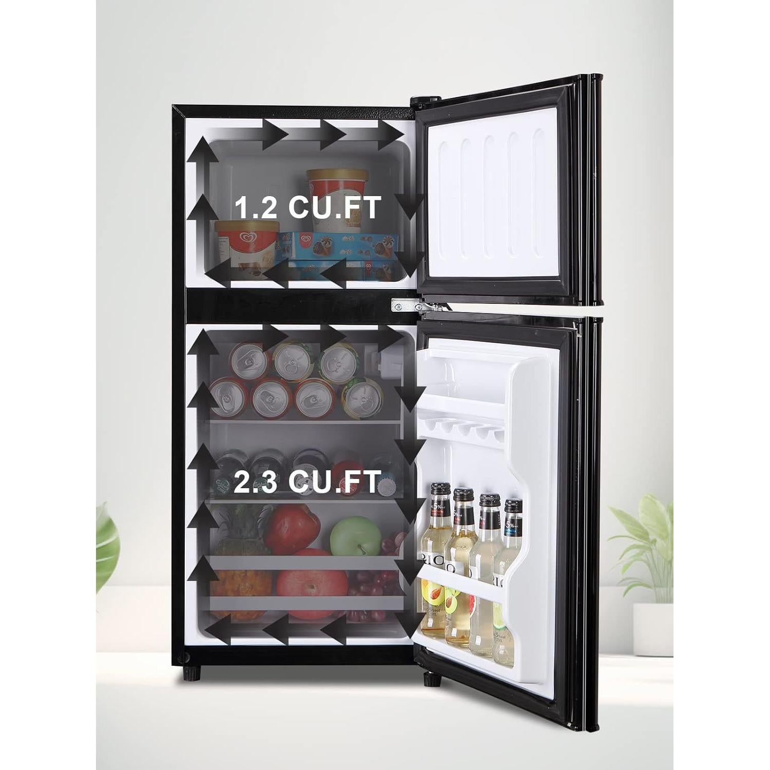 Mini Fridge With Freezer,Compact Refrigerator With 2 Doors,7- Level Adjustable Thermostat, Removable Glass Shelves For Bedroom, Office, Kitchen, Apartment, Dorm, 3.5 Cu. Ft Black