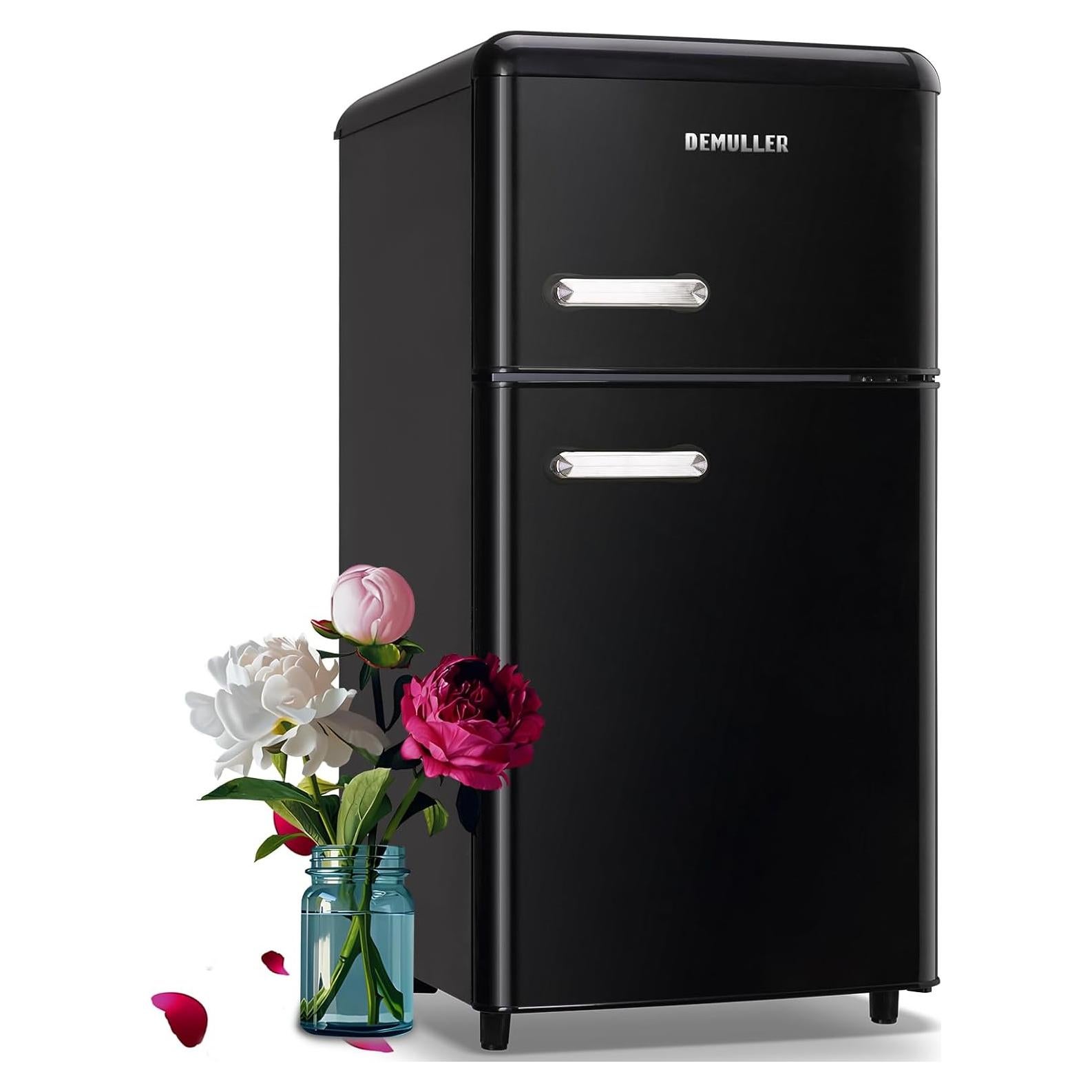 3.5 Cu.ft Black Mini Fridge 2 Door Compact Refrigerator with Freezer, Small Refrigerator with 7 Adjustable Temperature Control, 2 Removable Glass Shelves and 1 Crisper Drawer