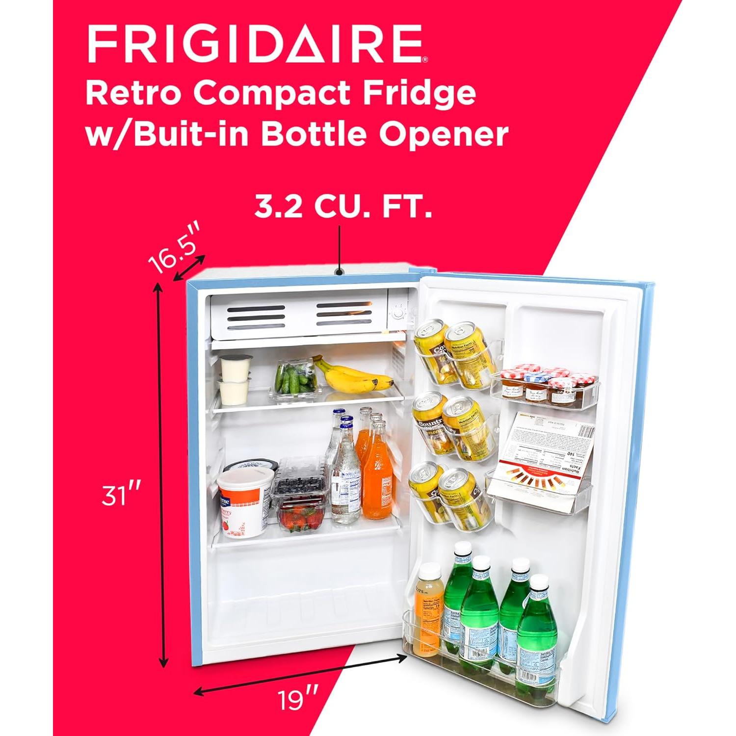 Frigidaire Retro Compact Fridge with Chiller, 3.2 cu ft Countertop Fridge with Built-In Bottle Opener, Compact Refrigerator for Office, Bedroom, Dorm Room or Cabin - 16.5" D x 19" W x 31" H (Blue)