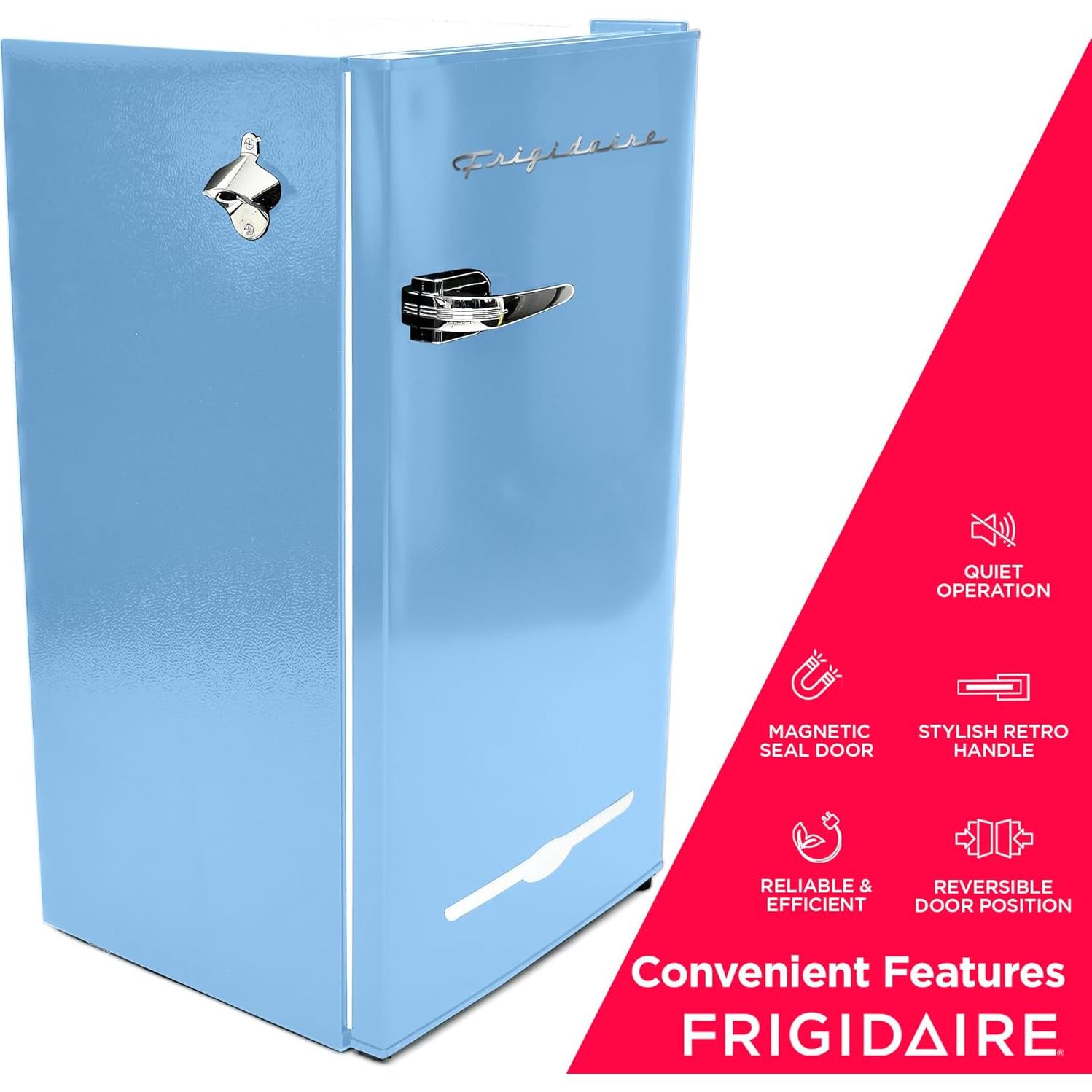 Frigidaire Retro Compact Fridge with Chiller, 3.2 cu ft Countertop Fridge with Built-In Bottle Opener, Compact Refrigerator for Office, Bedroom, Dorm Room or Cabin - 16.5" D x 19" W x 31" H (Blue)