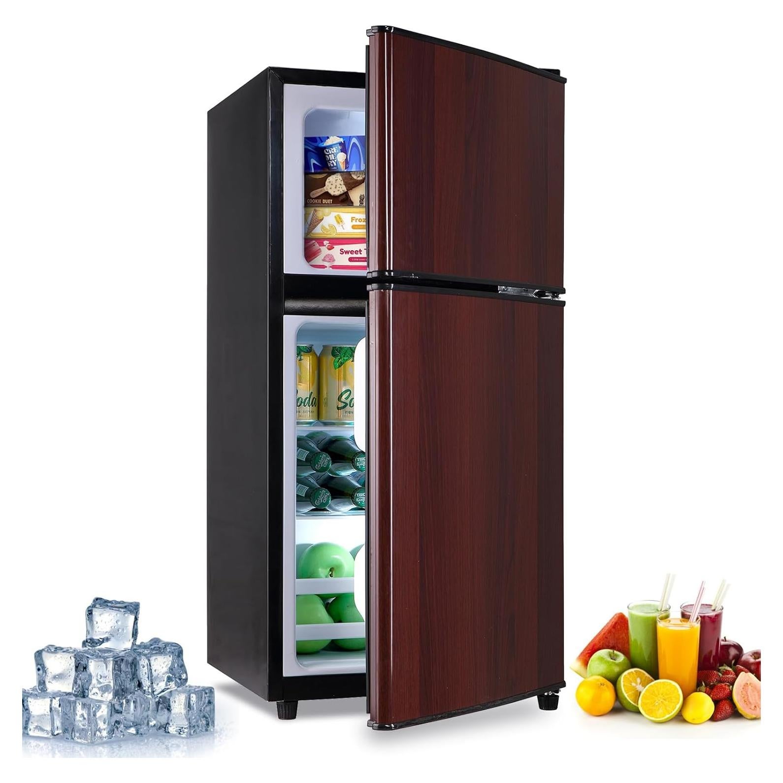 FLS-80-WOOD 3.5 Cu.Ft Compact, Retro Fridge with Dual Door, Small Refrigerator with Freezer,7 Level Adjustable Thermostat for Garage, Dorm,Bedroom, Office, Apartment, Wood