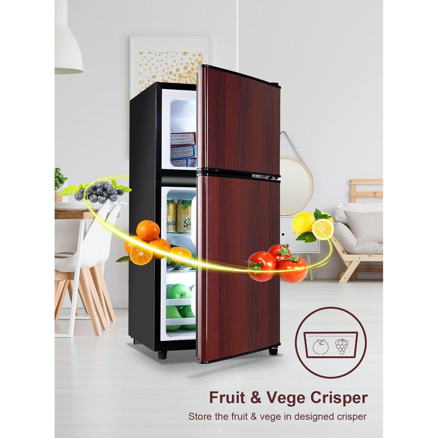 FLS-80-WOOD 3.5 Cu.Ft Compact, Retro Fridge with Dual Door, Small Refrigerator with Freezer,7 Level Adjustable Thermostat for Garage, Dorm,Bedroom, Office, Apartment, Wood