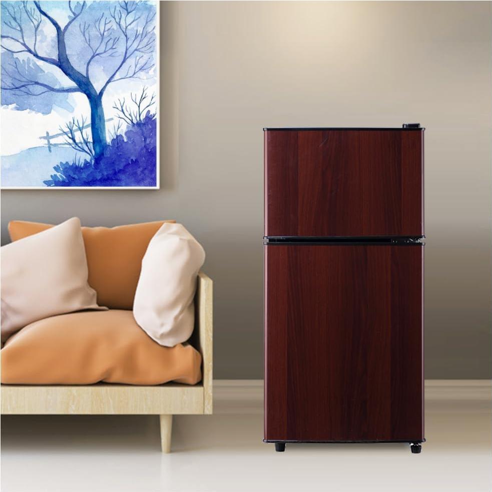 FLS-80-WOOD 3.5 Cu.Ft Compact, Retro Fridge with Dual Door, Small Refrigerator with Freezer,7 Level Adjustable Thermostat for Garage, Dorm,Bedroom, Office, Apartment, Wood