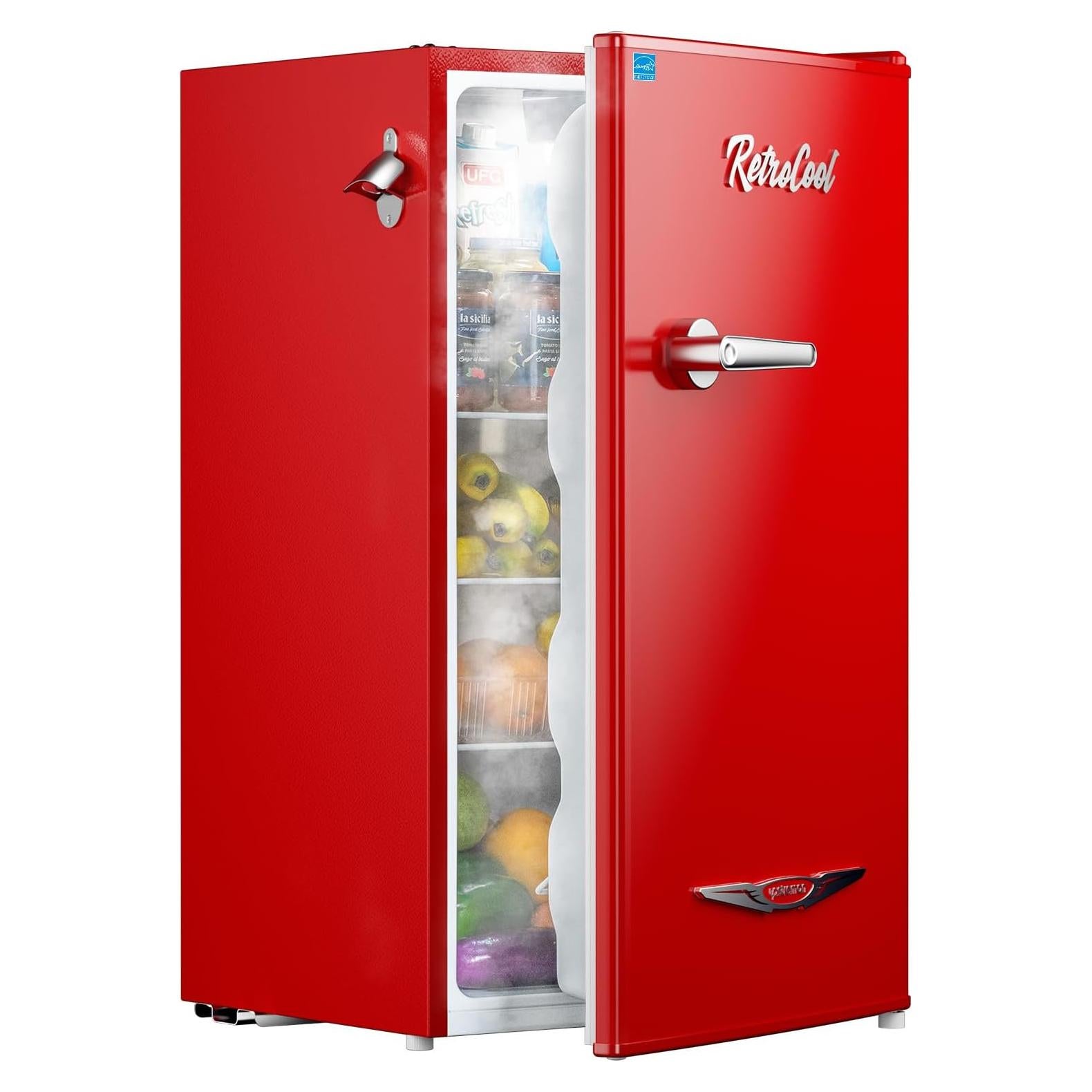 Upstreman 3.2 Cu.Ft Retro Mini Fridge with Bottle Opener, Energy Saving, Adjustable Thermostat, Metal Handle, LED Lamp, Mini Refrigerator for Bedroom, Office, Dorm-BR321 PRO (Red)