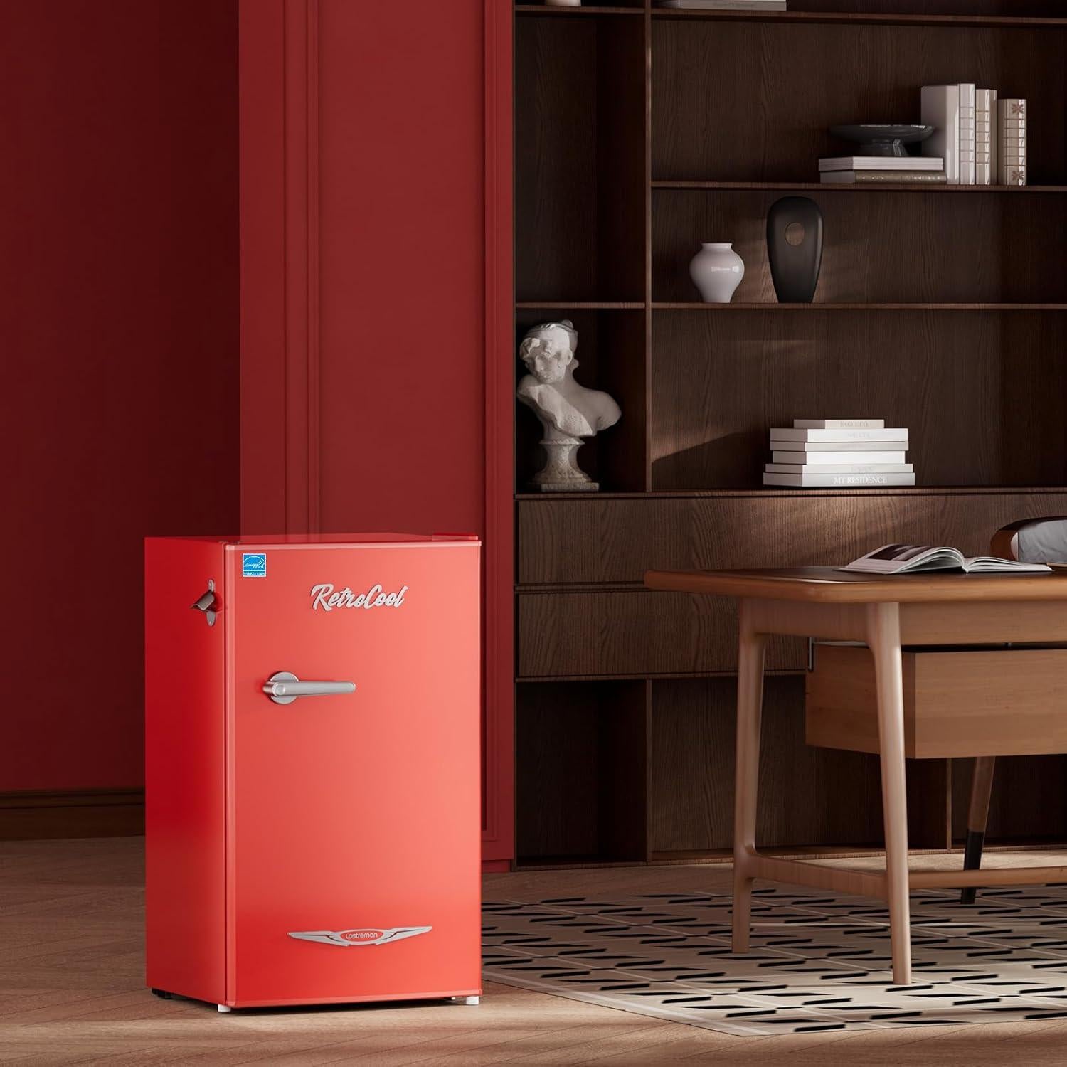 Upstreman 3.2 Cu.Ft Retro Mini Fridge with Bottle Opener, Energy Saving, Adjustable Thermostat, Metal Handle, LED Lamp, Mini Refrigerator for Bedroom, Office, Dorm-BR321 PRO (Red)