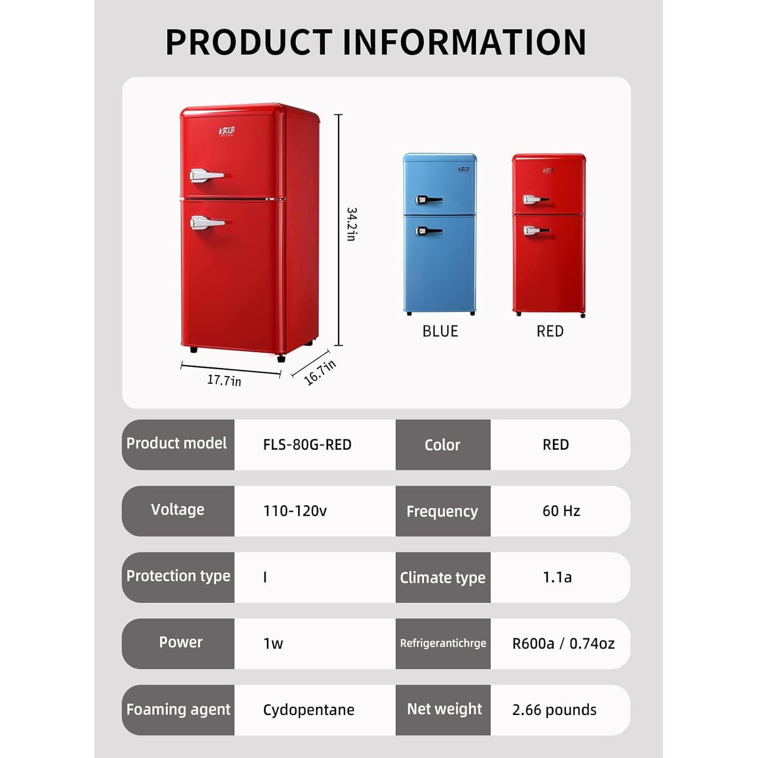 Refrigerador Doble Puerta KRIB BLING 3.5 Pies Cúbicos Rojo