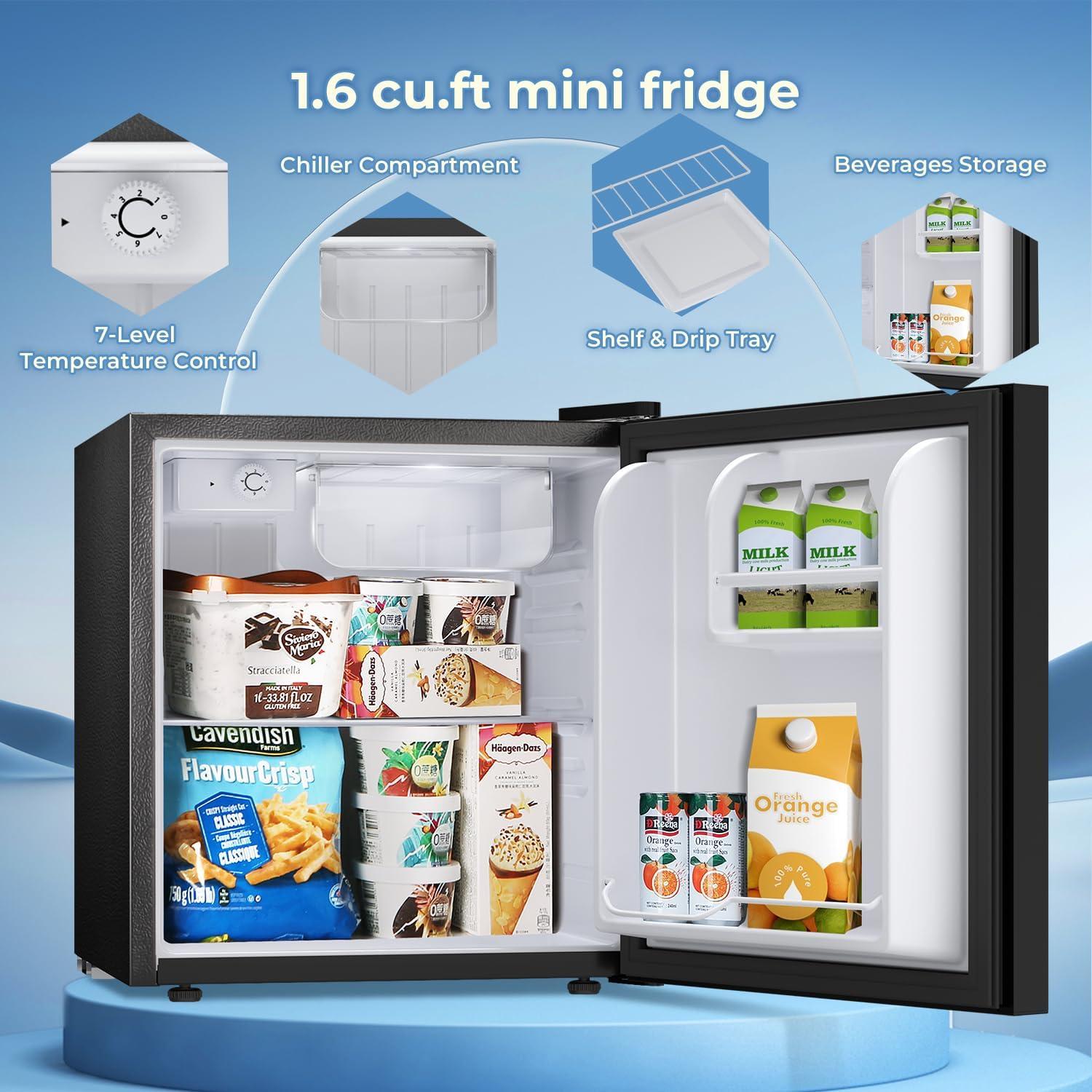 Mini fridge with Freezer,1.6 cu.ft Reversible Single Door Compact Refrigerator, Retro Mini Refrigerator for Dorm, Office, Bar, RV, Bedroom(Black)