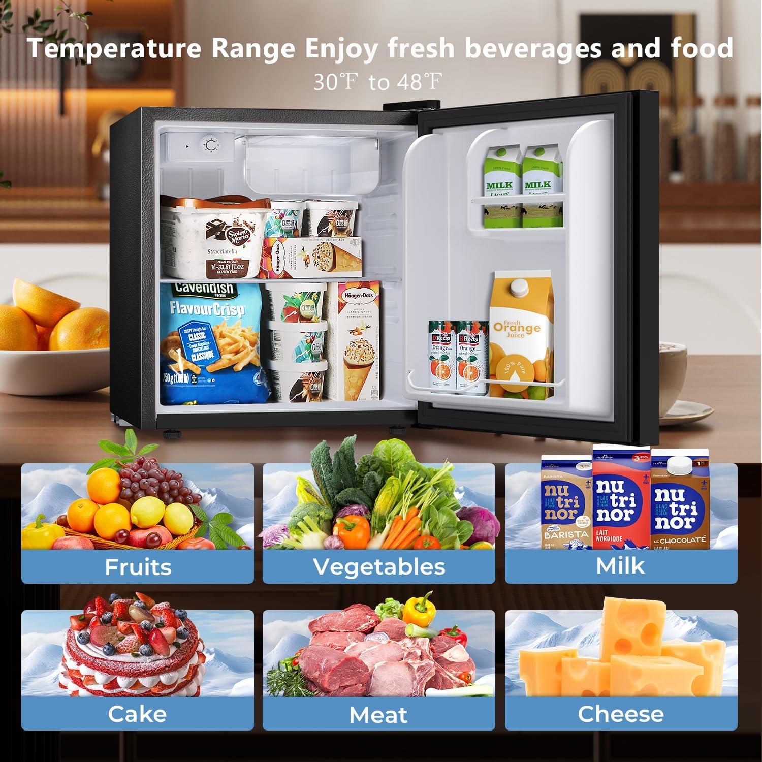 Mini fridge with Freezer,1.6 cu.ft Reversible Single Door Compact Refrigerator, Retro Mini Refrigerator for Dorm, Office, Bar, RV, Bedroom(Black)