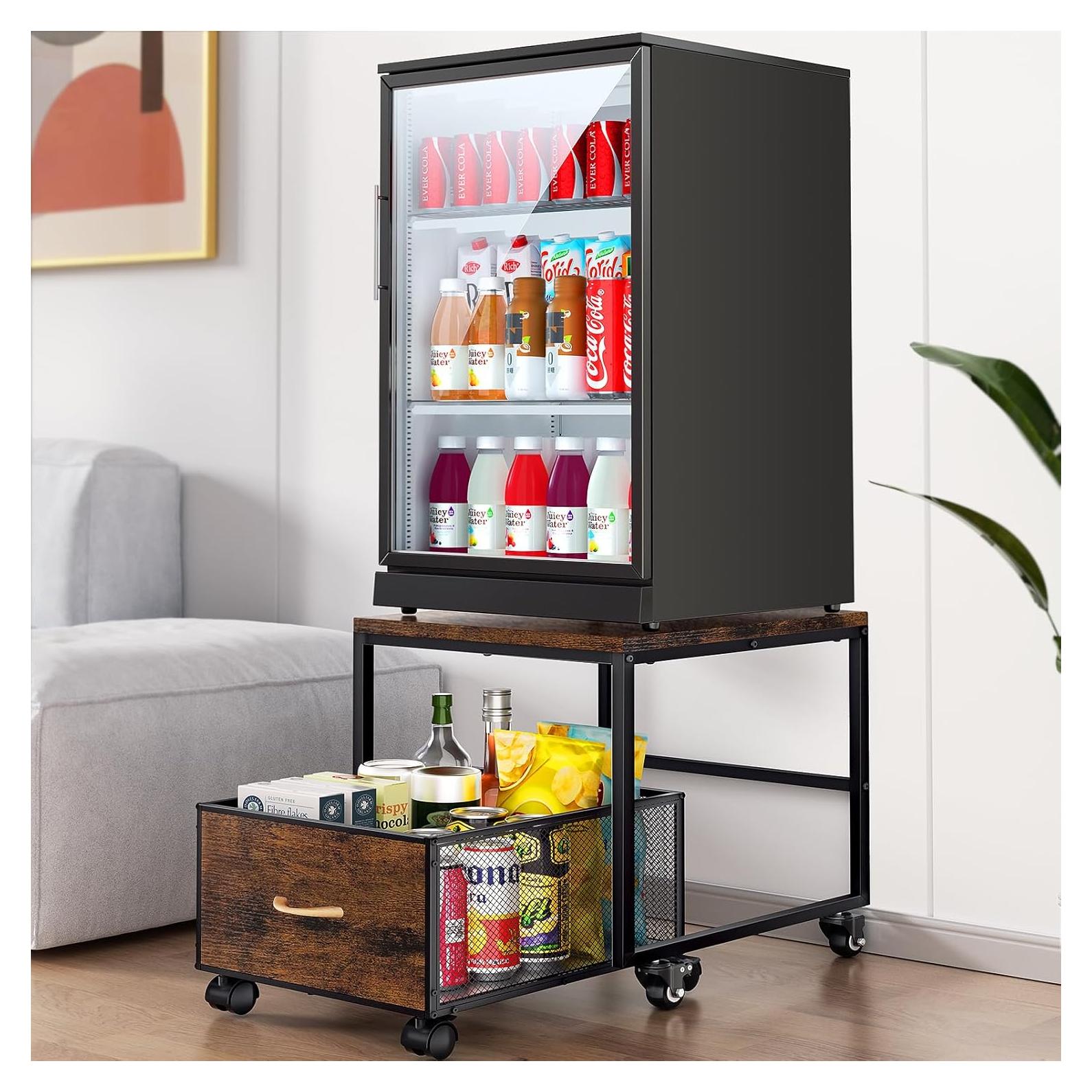 Mini Fridge Stand with Storage,Mobile Mini Fridge Cabinet Beverage Refrigerator Stand for Coffee Bar Dorm Fridge Cart for Compact Refrigerator Mini Fridge Organizer with Wheels Drawer Basket for Home