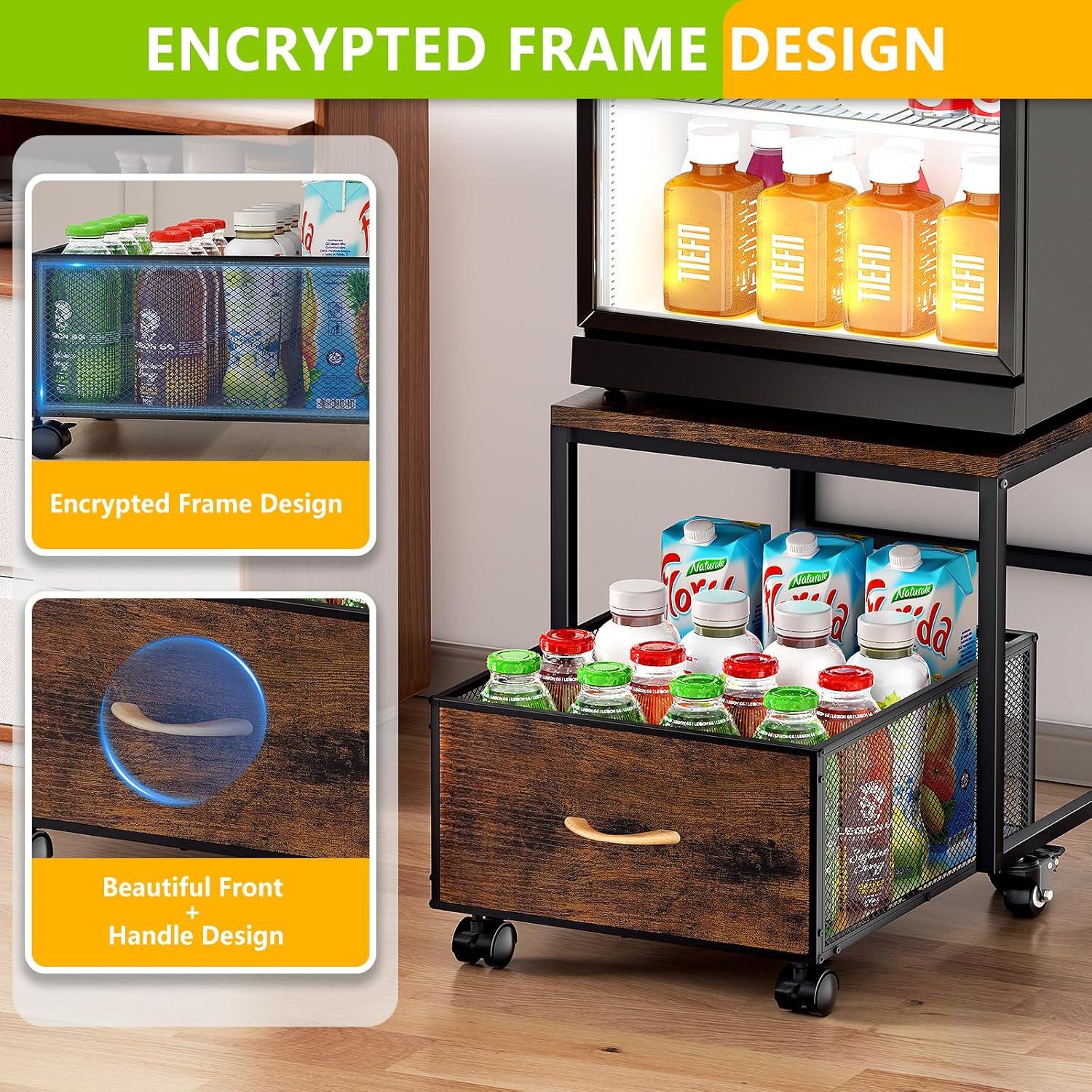 Mini Fridge Stand with Storage,Mobile Mini Fridge Cabinet Beverage Refrigerator Stand for Coffee Bar Dorm Fridge Cart for Compact Refrigerator Mini Fridge Organizer with Wheels Drawer Basket for Home