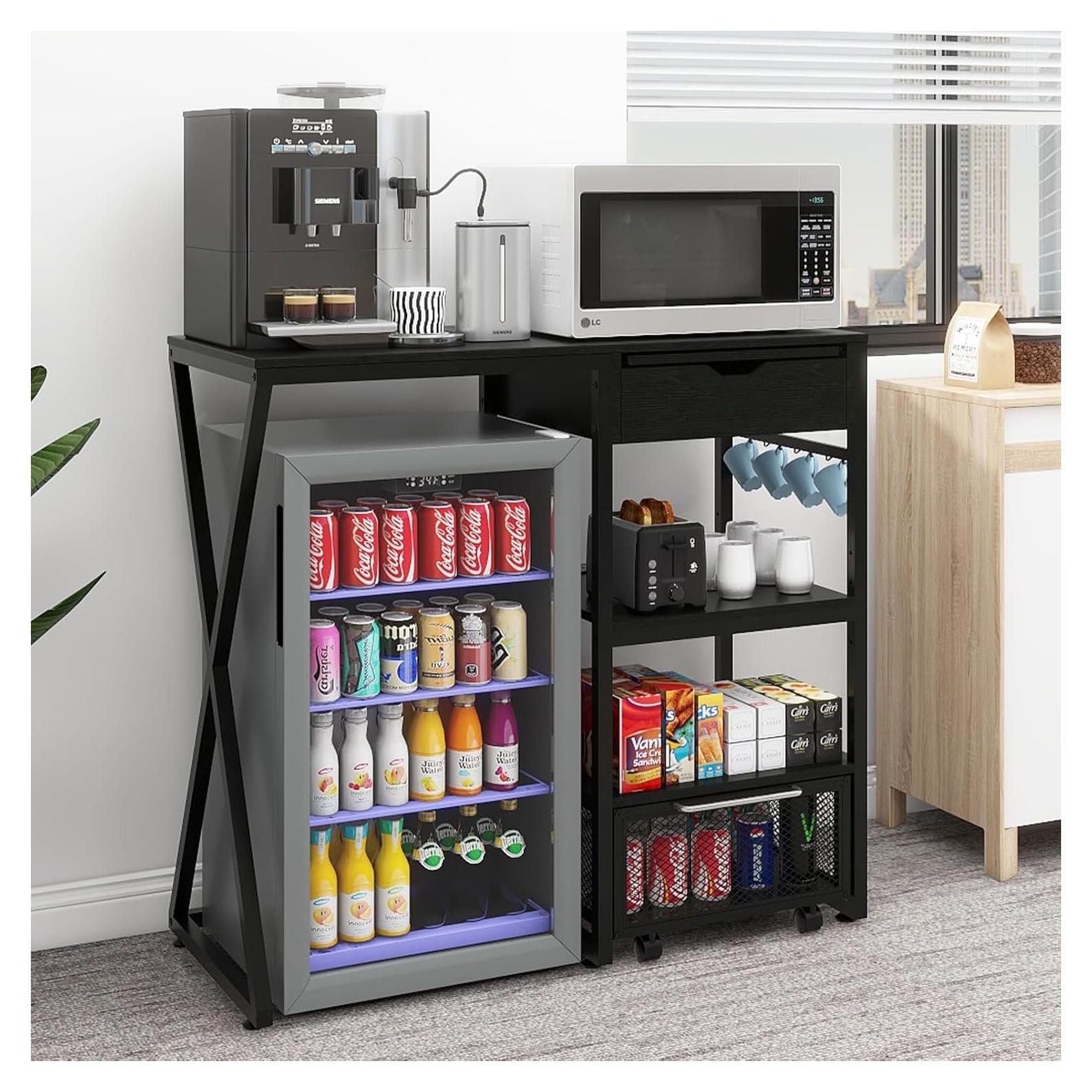 PUNCIA Coffee Bar Cabinet with Mini Fridge Space Beverage Wine Fridge Stand with Temporary Work Platform Refrigerator Storage Organizer with Power Outlet Microwave Oven Stand Rack for Home Dorm