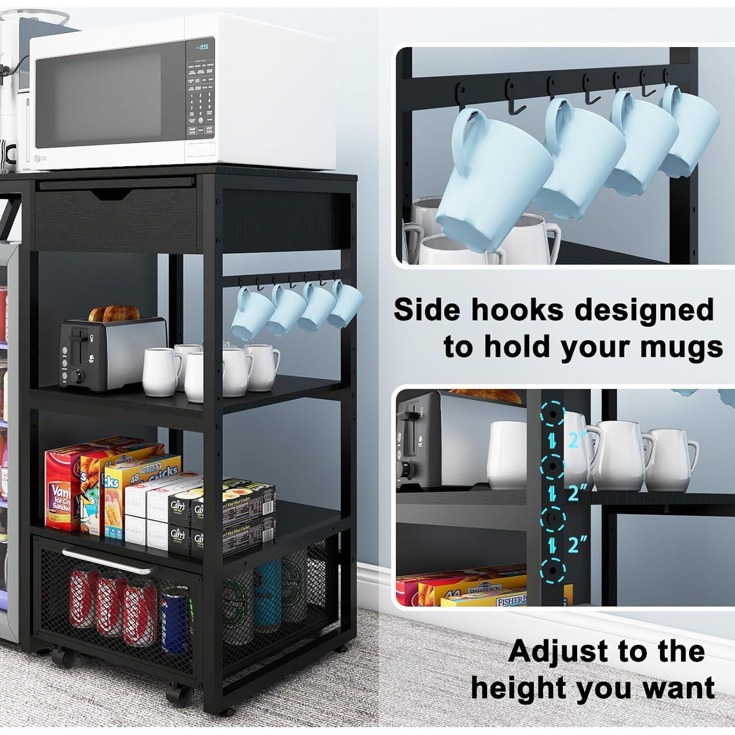 PUNCIA Coffee Bar Cabinet with Mini Fridge Space Beverage Wine Fridge Stand with Temporary Work Platform Refrigerator Storage Organizer with Power Outlet Microwave Oven Stand Rack for Home Dorm